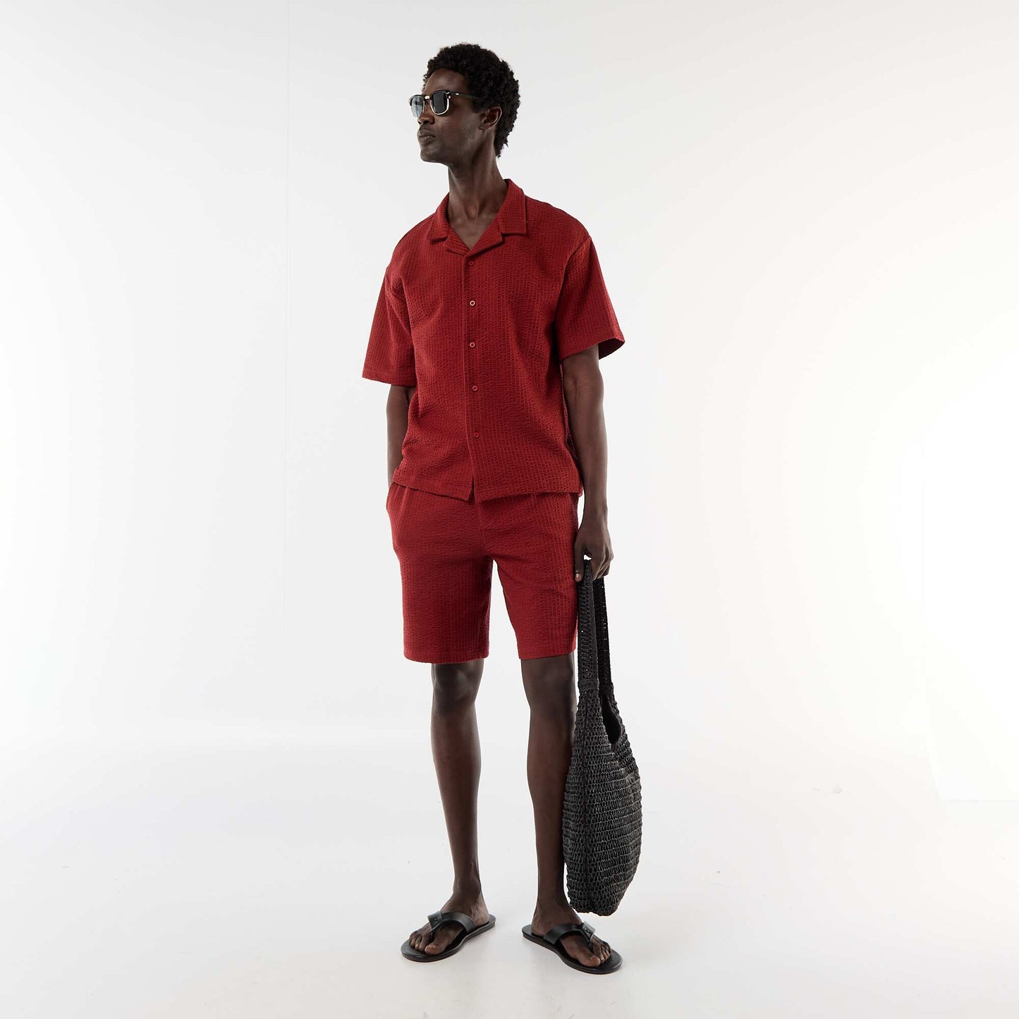 Waffle Knit Short-Sleeve Shirt RED