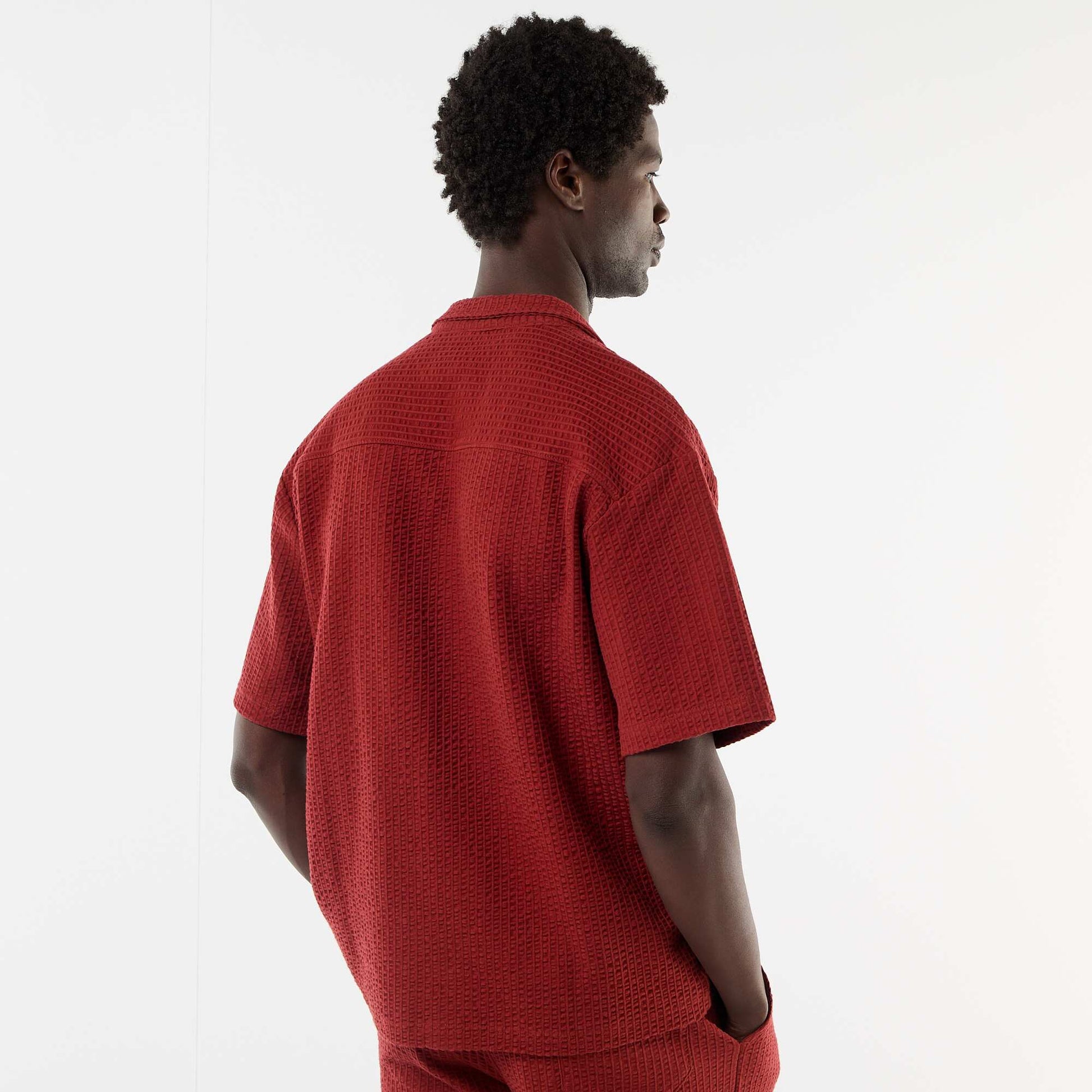Waffle Knit Short-Sleeve Shirt RED
