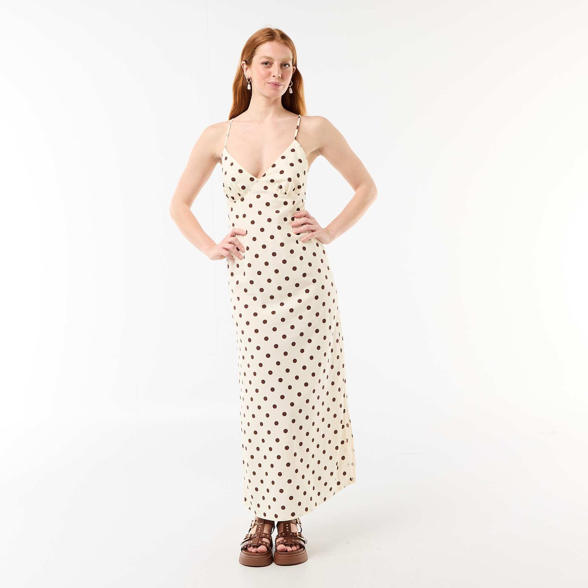 Polka dot maxi dress with delicate straps WHITE