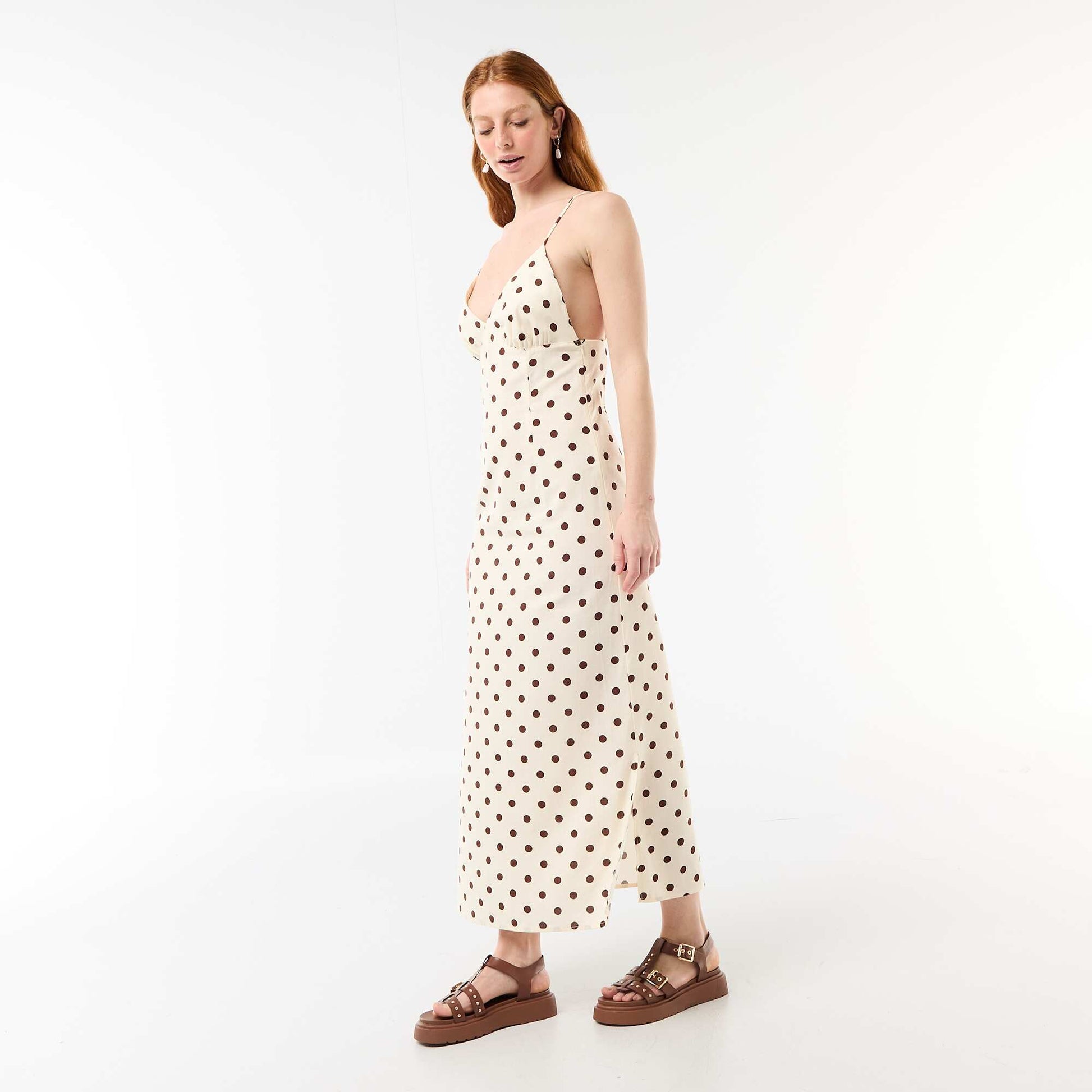 Polka dot maxi dress with delicate straps WHITE