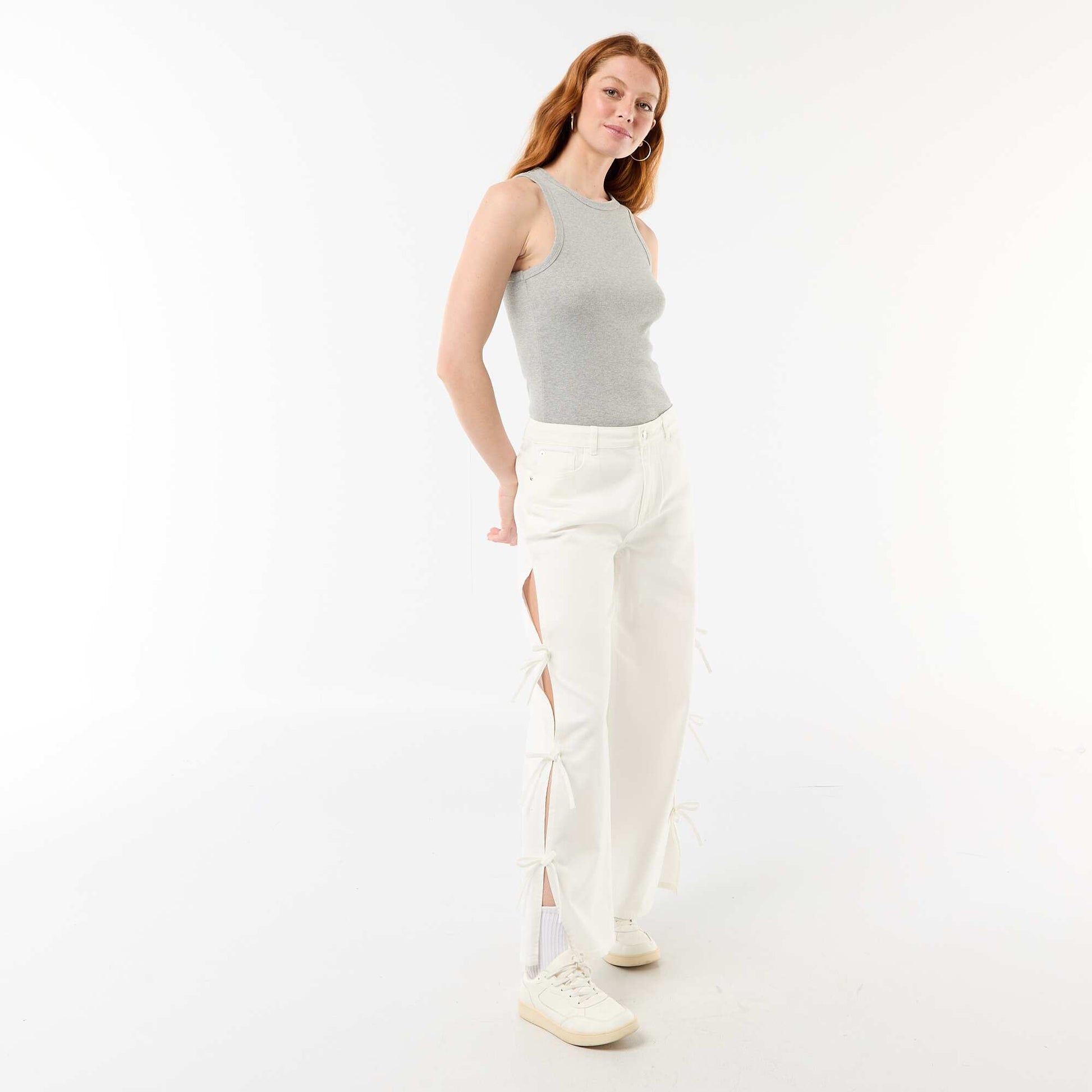 Twill Pants with Side Ties WHITE