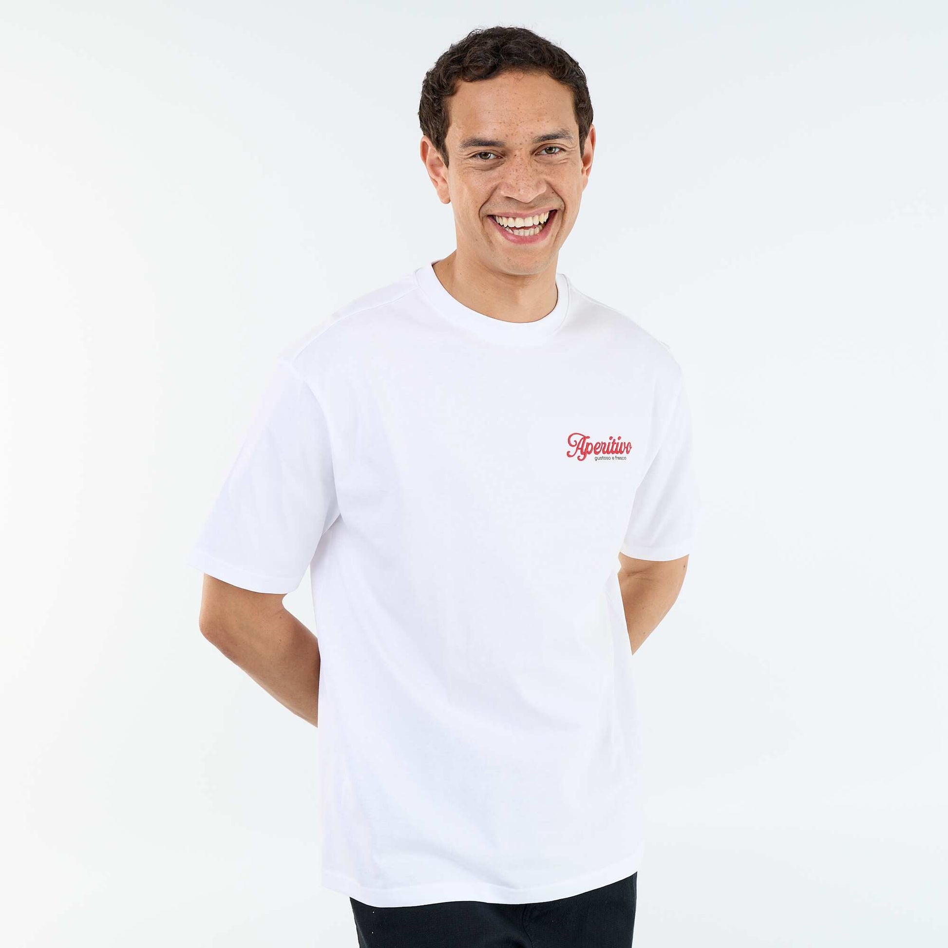 Short-sleeved T-shirt with front & back prints and embroidery WHITE
