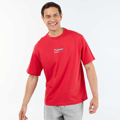 Short-sleeved T-shirt with front & back prints and embroidery RED