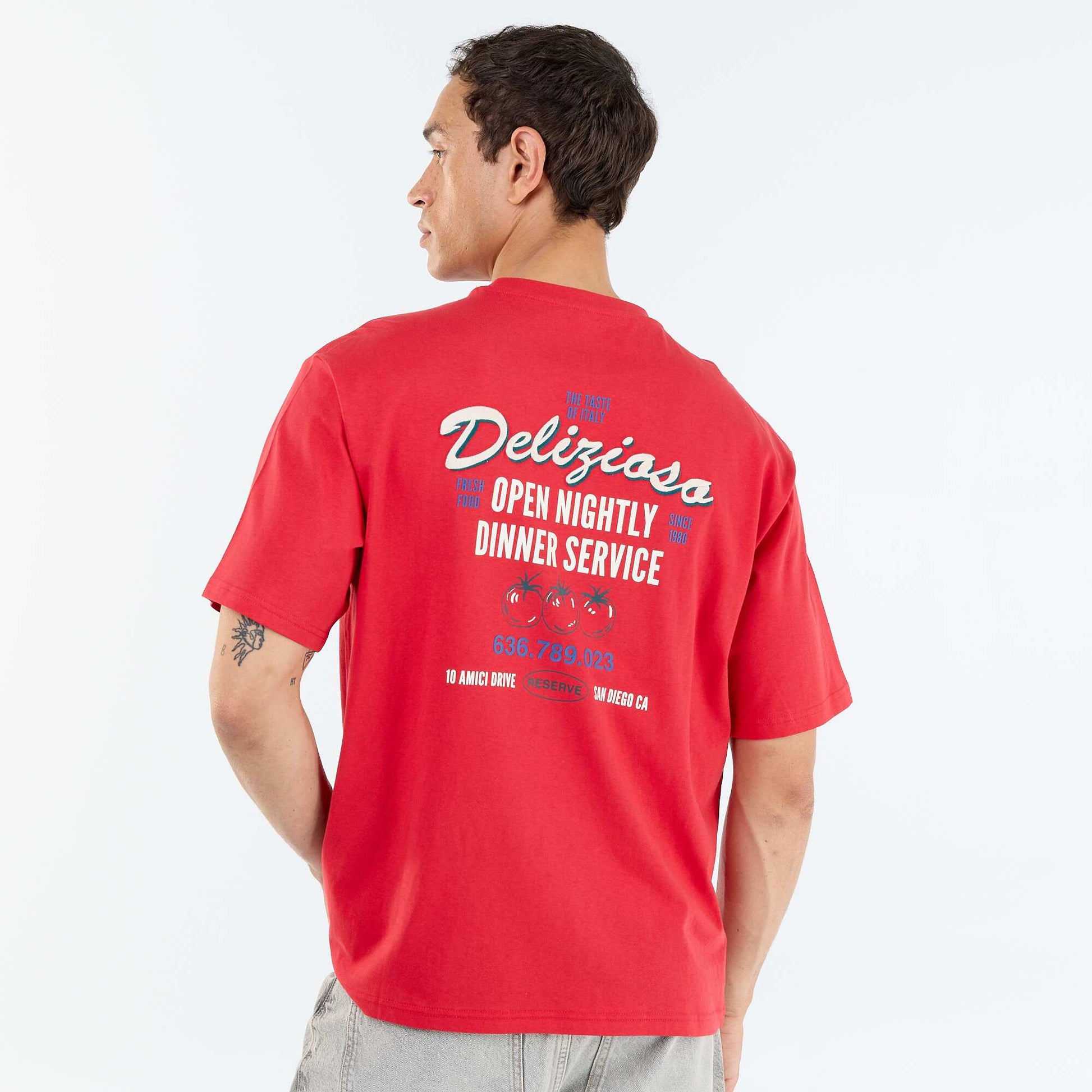 Short-sleeved T-shirt with front & back prints and embroidery RED