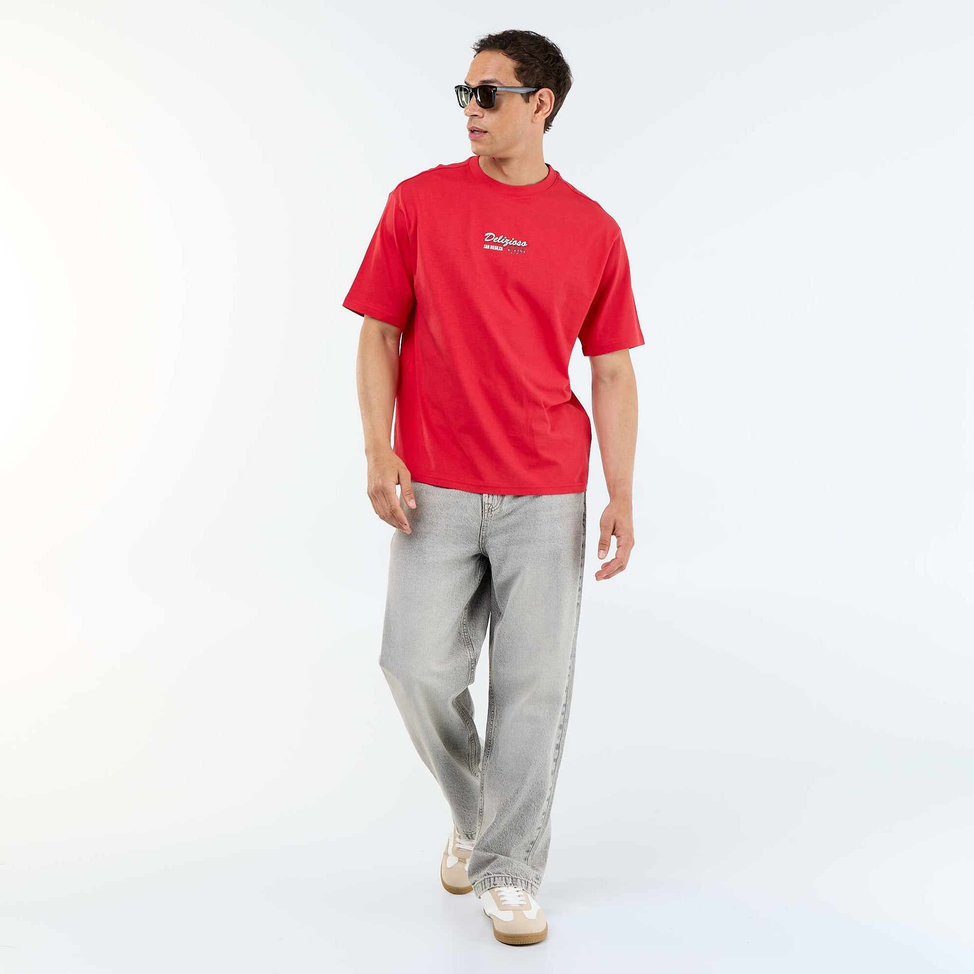 Short-sleeved T-shirt with front & back prints and embroidery RED