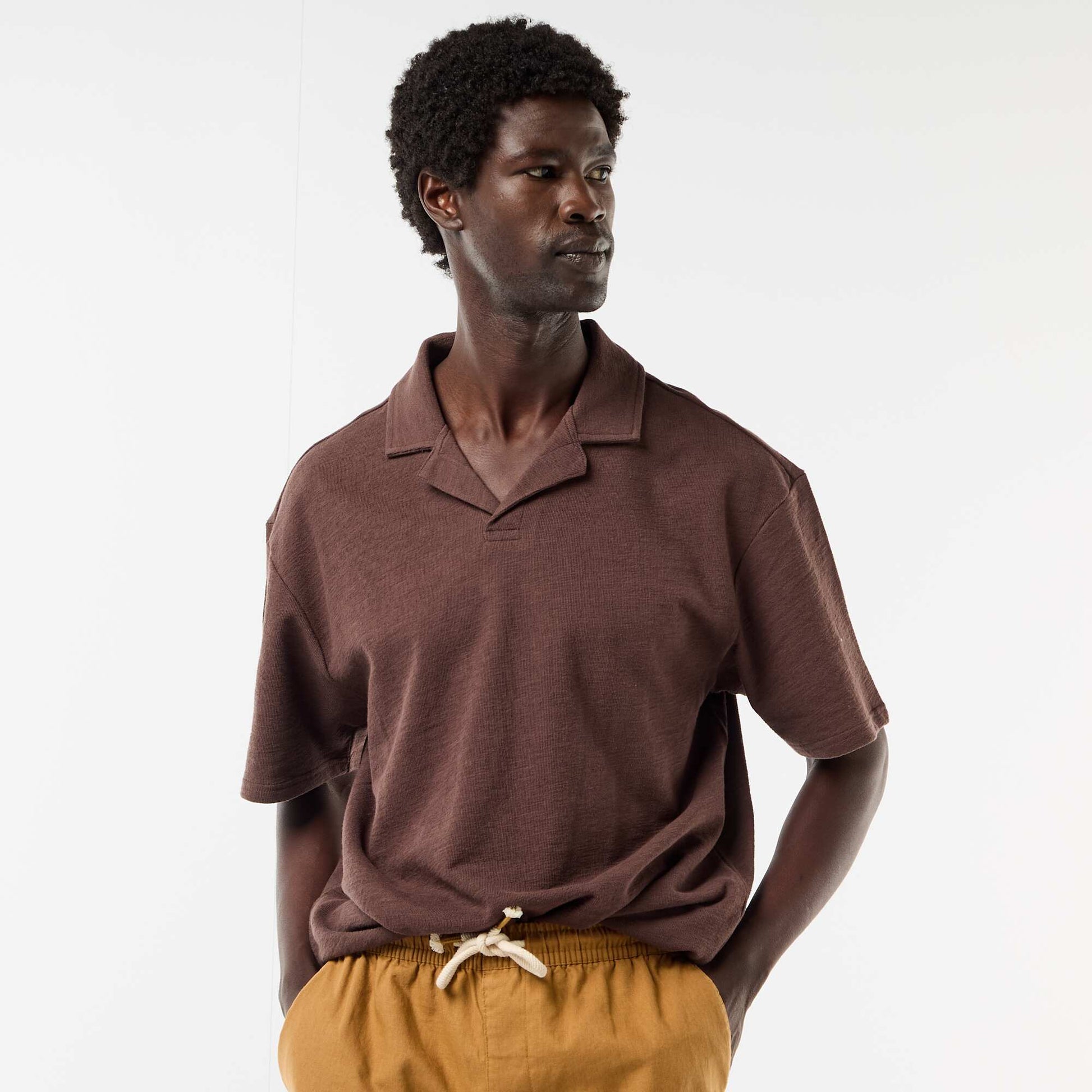 Short-sleeved knit polo shirt BROWN