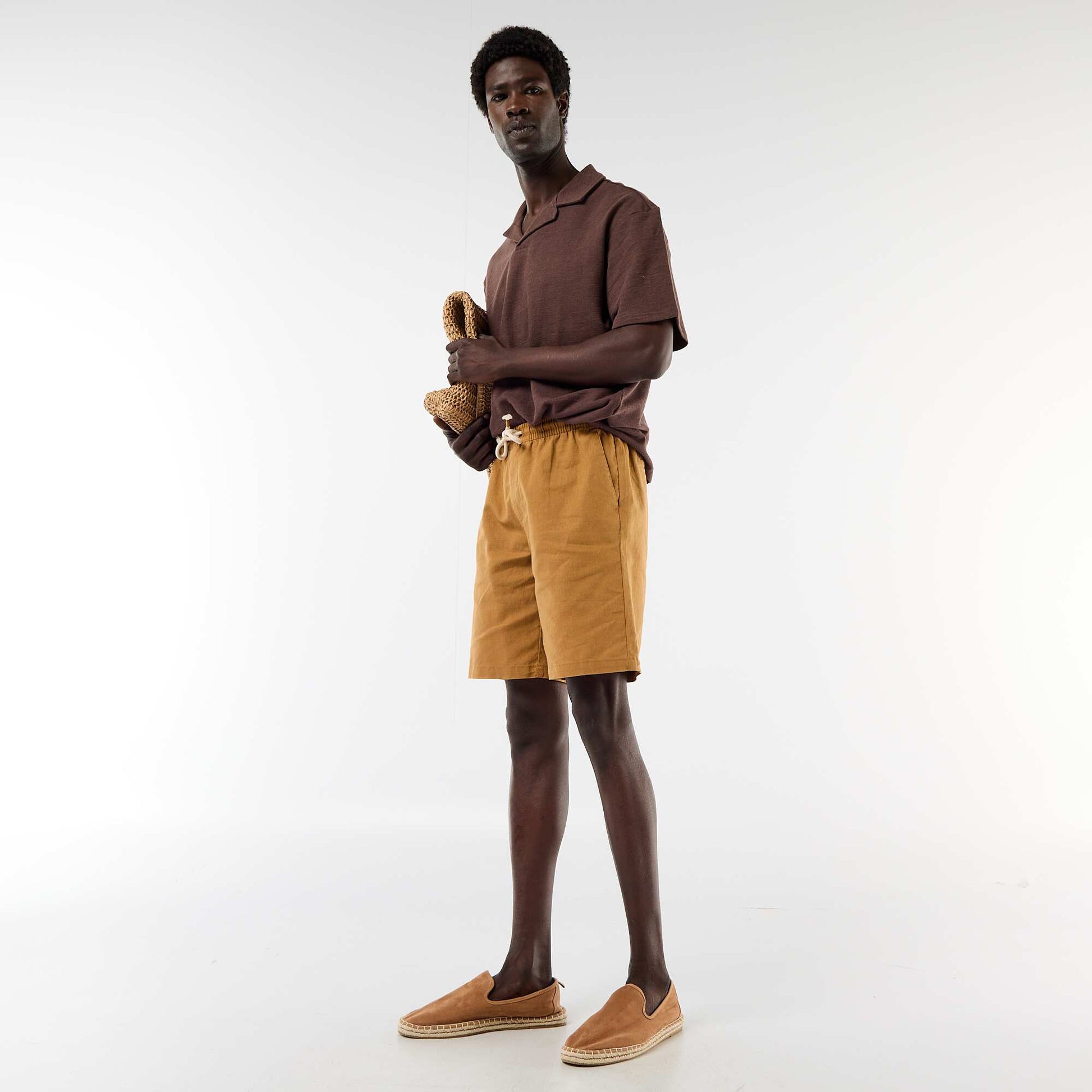 Short-sleeved knit polo shirt BROWN