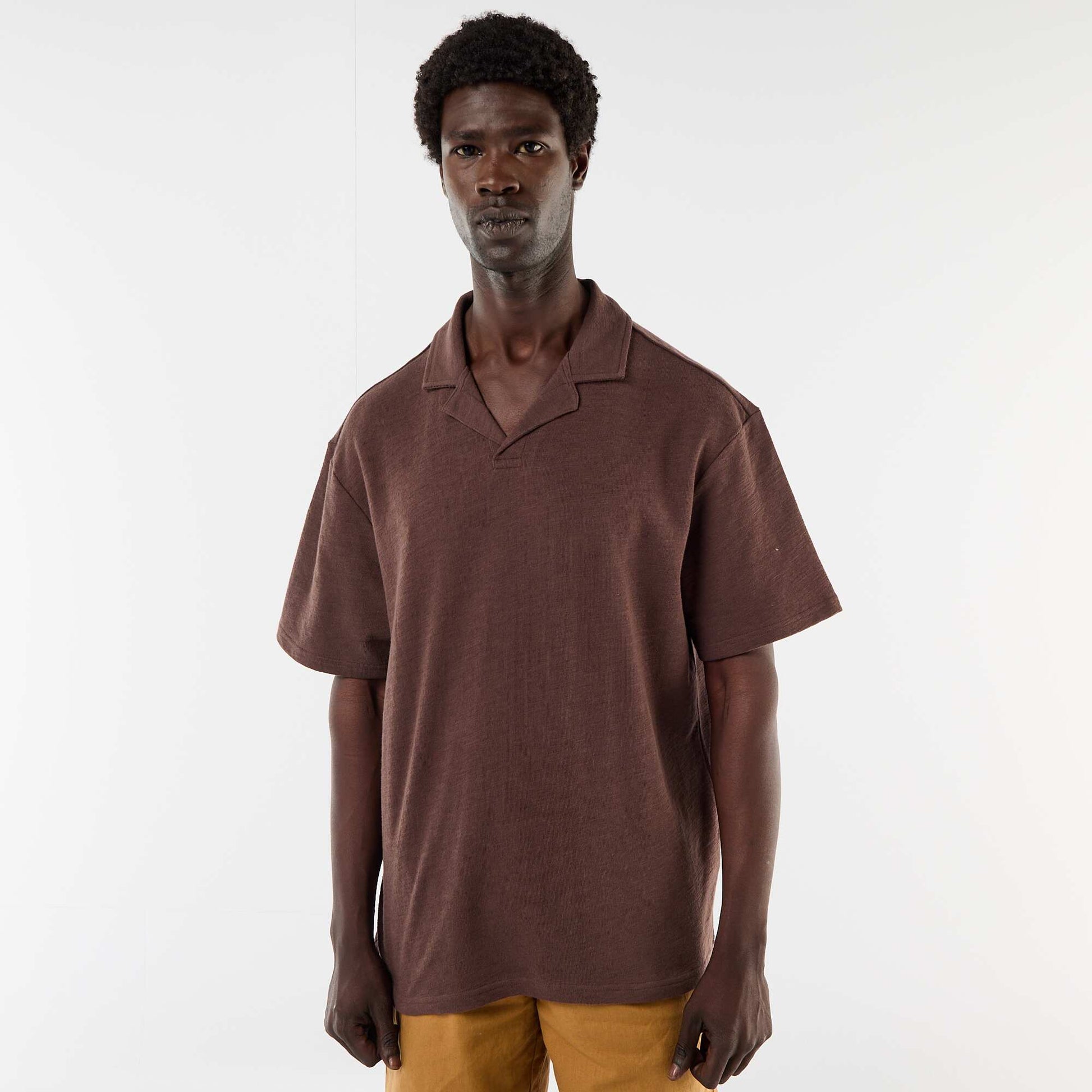 Short-sleeved knit polo shirt BROWN