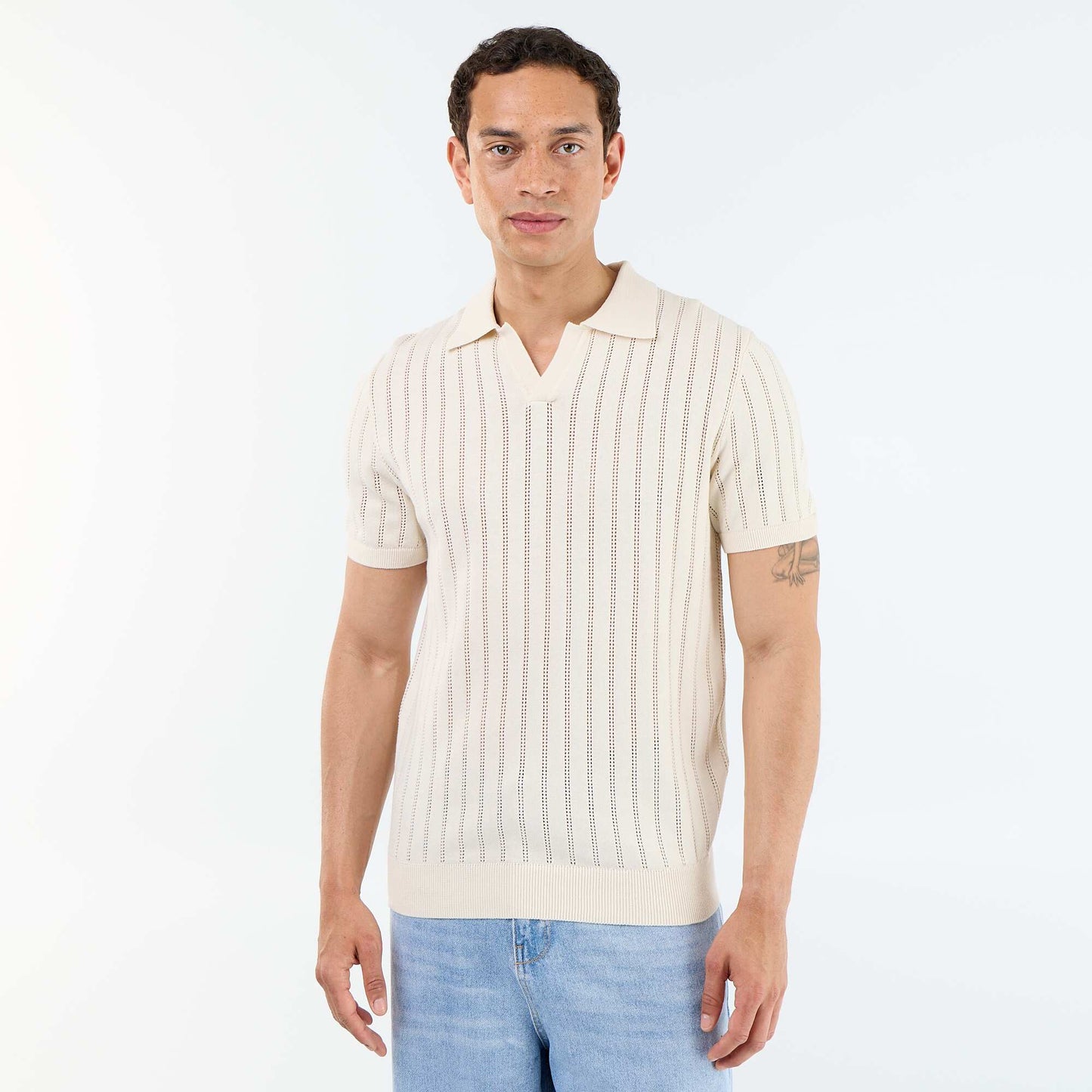 Openwork knit short-sleeved polo shirt BEIGE