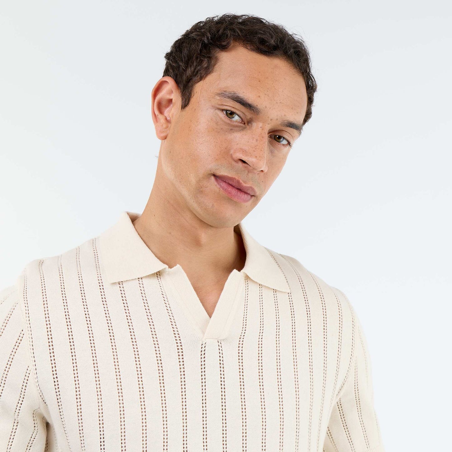Openwork knit short-sleeved polo shirt BEIGE