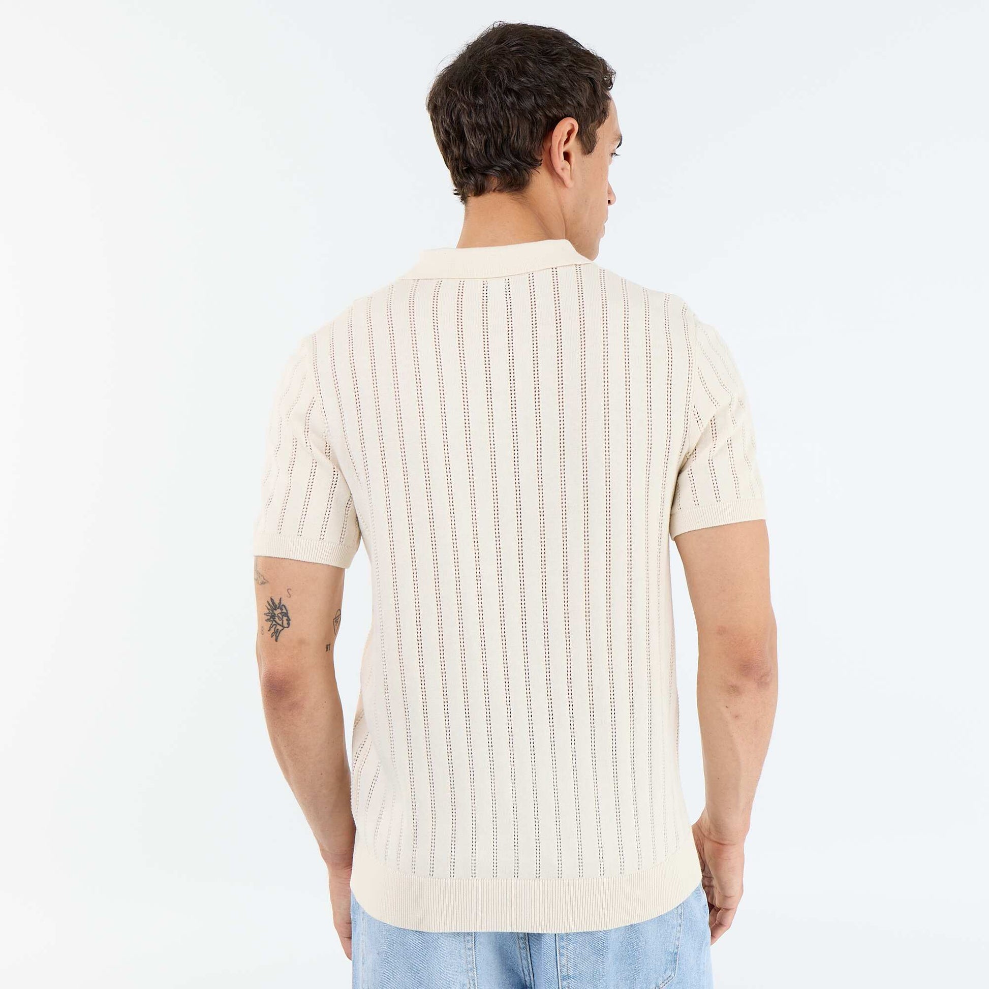 Openwork knit short-sleeved polo shirt BEIGE