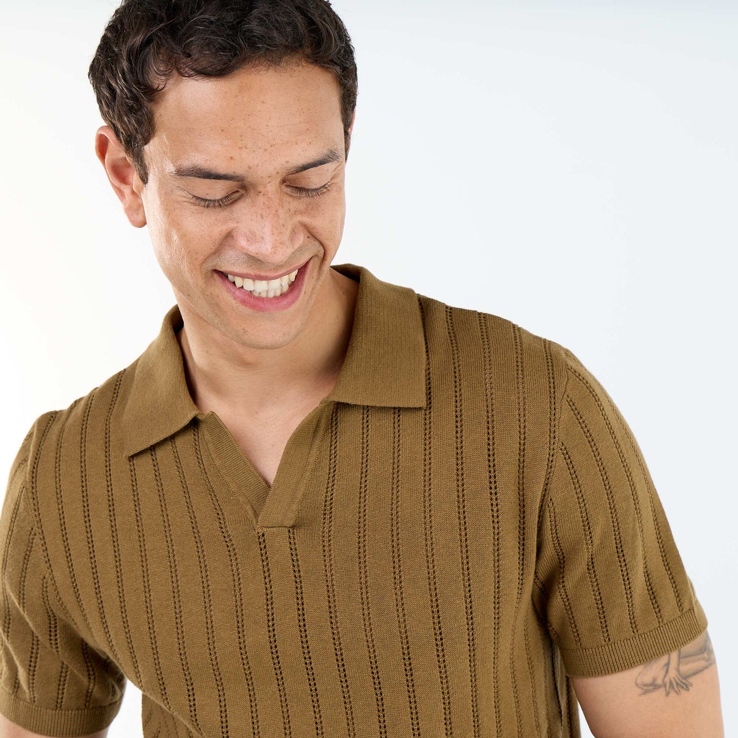 Openwork knit short-sleeved polo shirt BROWN