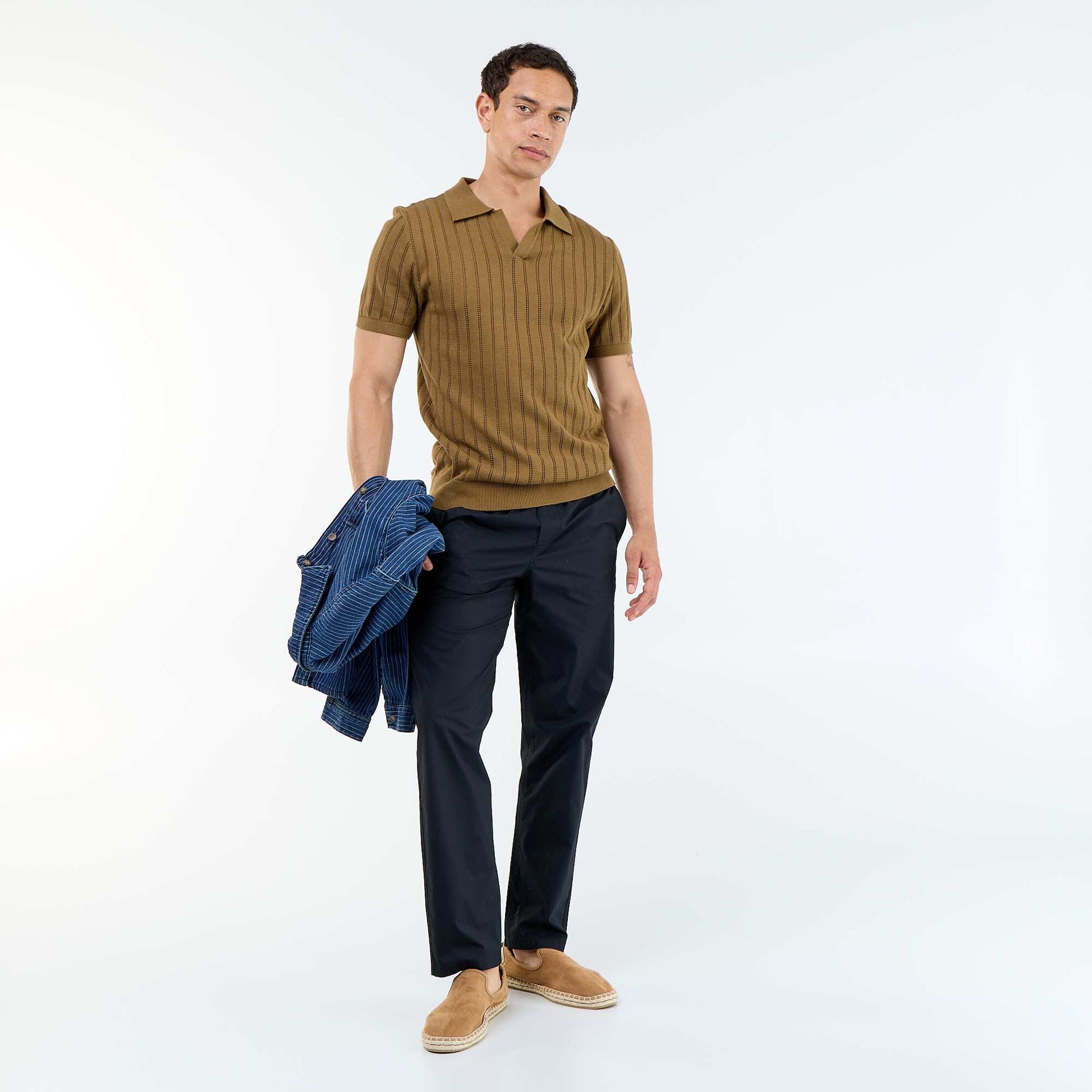 Openwork knit short-sleeved polo shirt BROWN