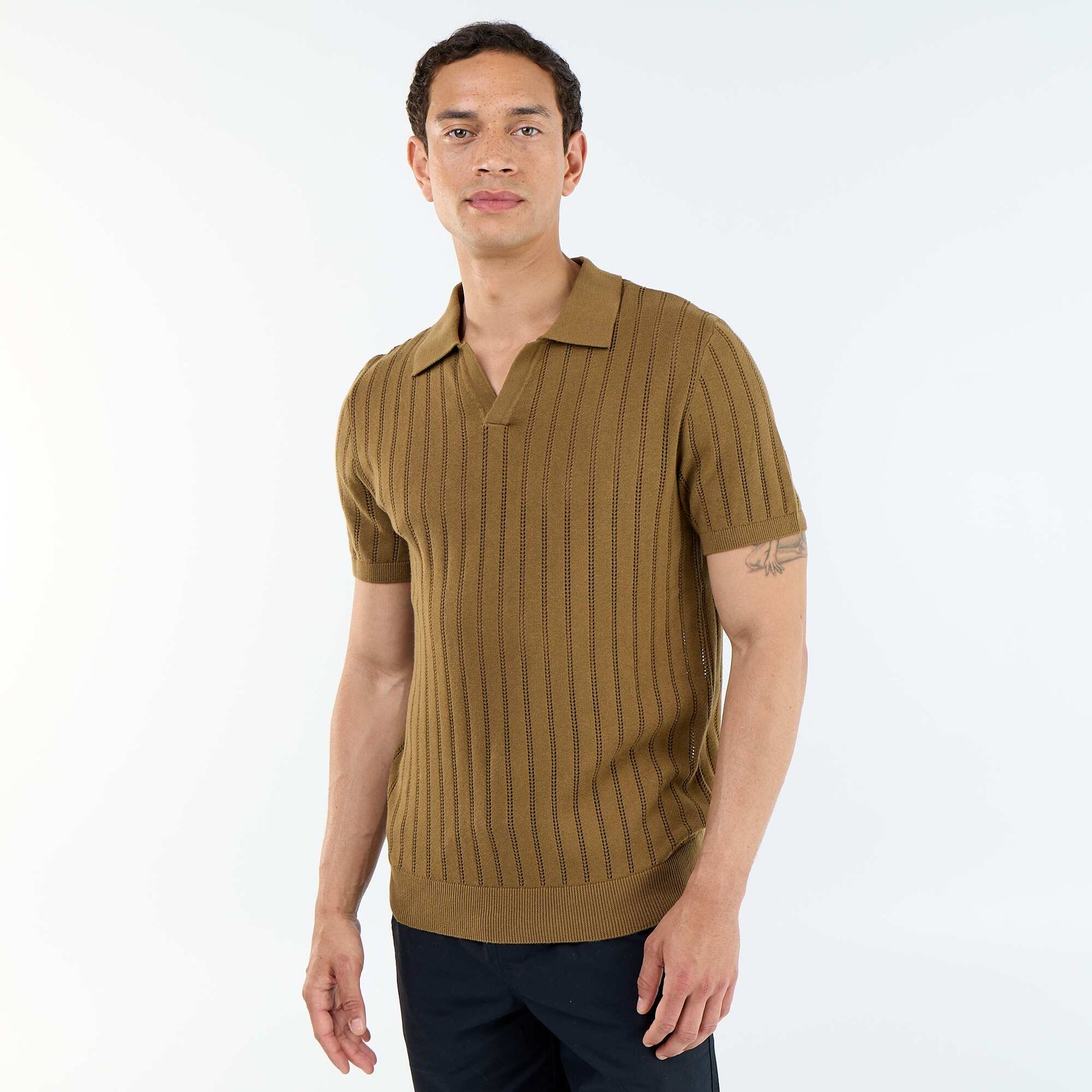 Openwork knit short-sleeved polo shirt BROWN