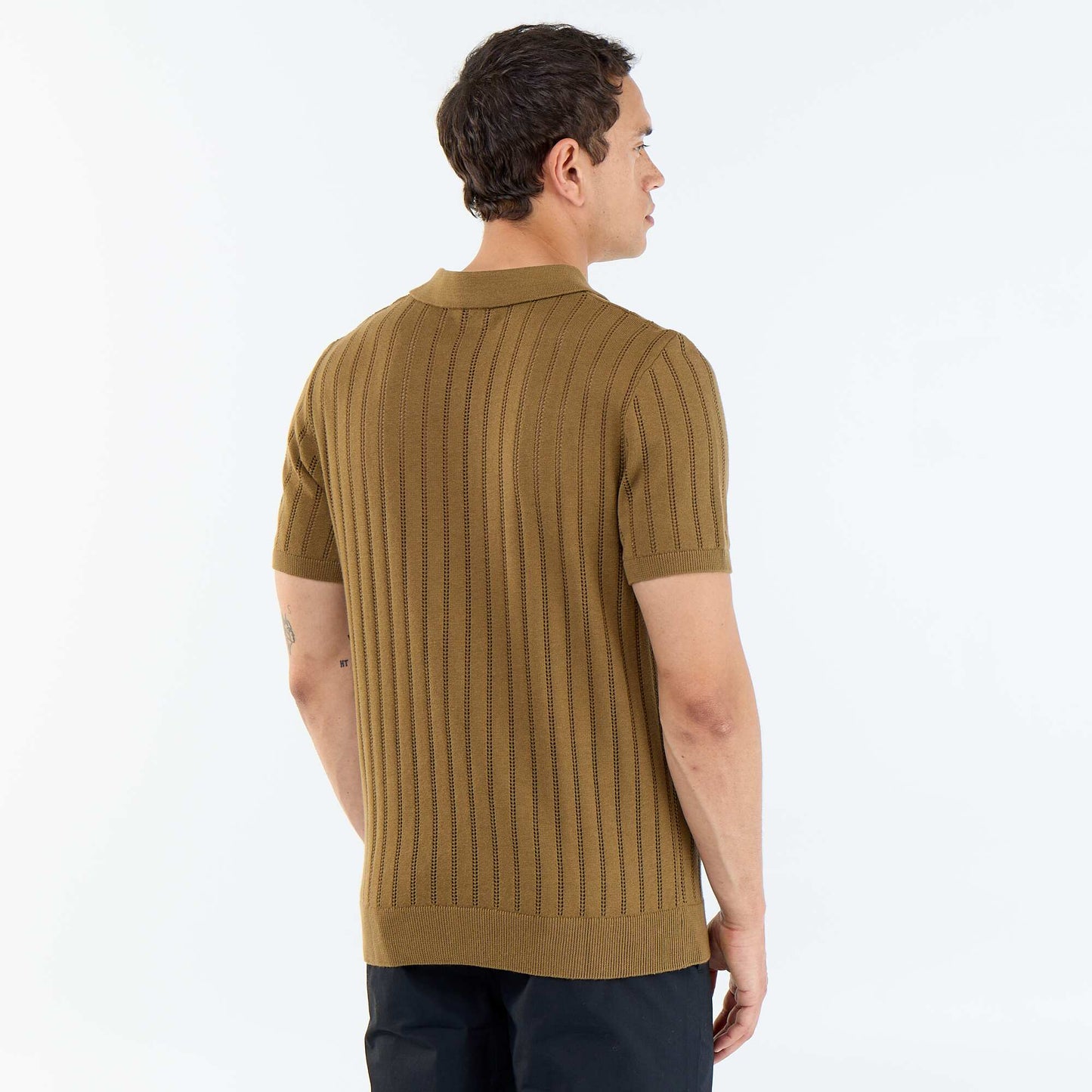 Openwork knit short-sleeved polo shirt BROWN