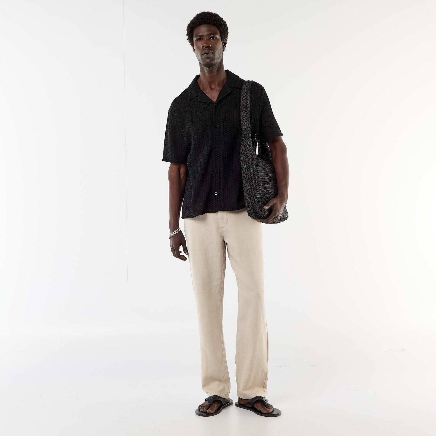 Short-sleeved open-knit shirt BLACK