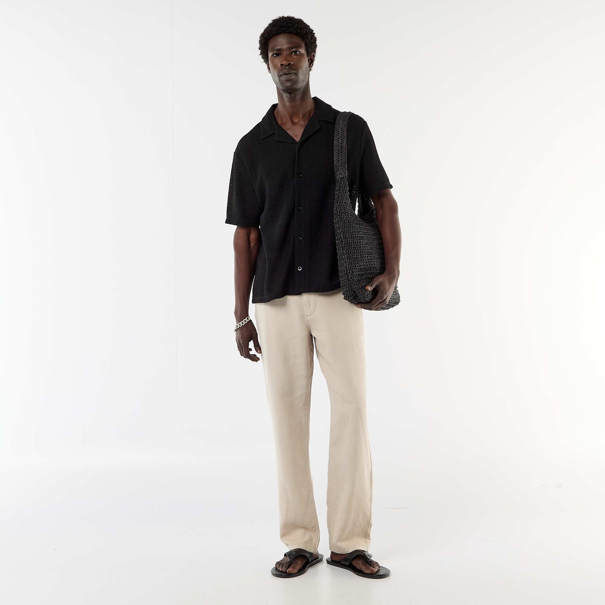 Short-sleeved open-knit shirt BLACK