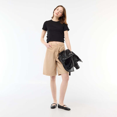 Wide-Leg Twill Bermuda Shorts BEIGE