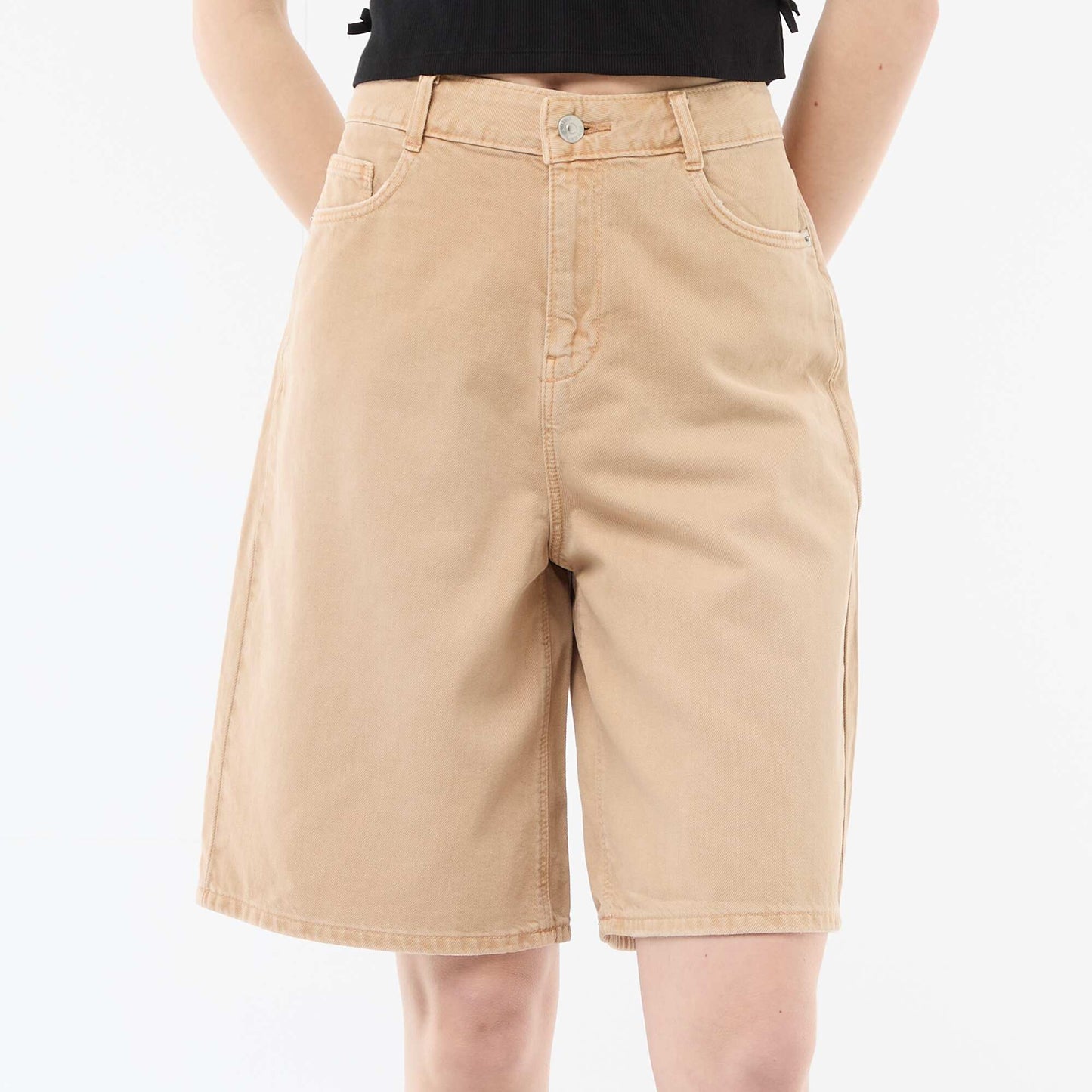 Wide-Leg Twill Bermuda Shorts BEIGE