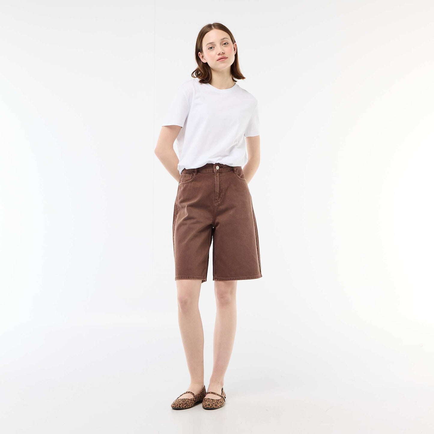 Wide-Leg Twill Bermuda Shorts BROWN