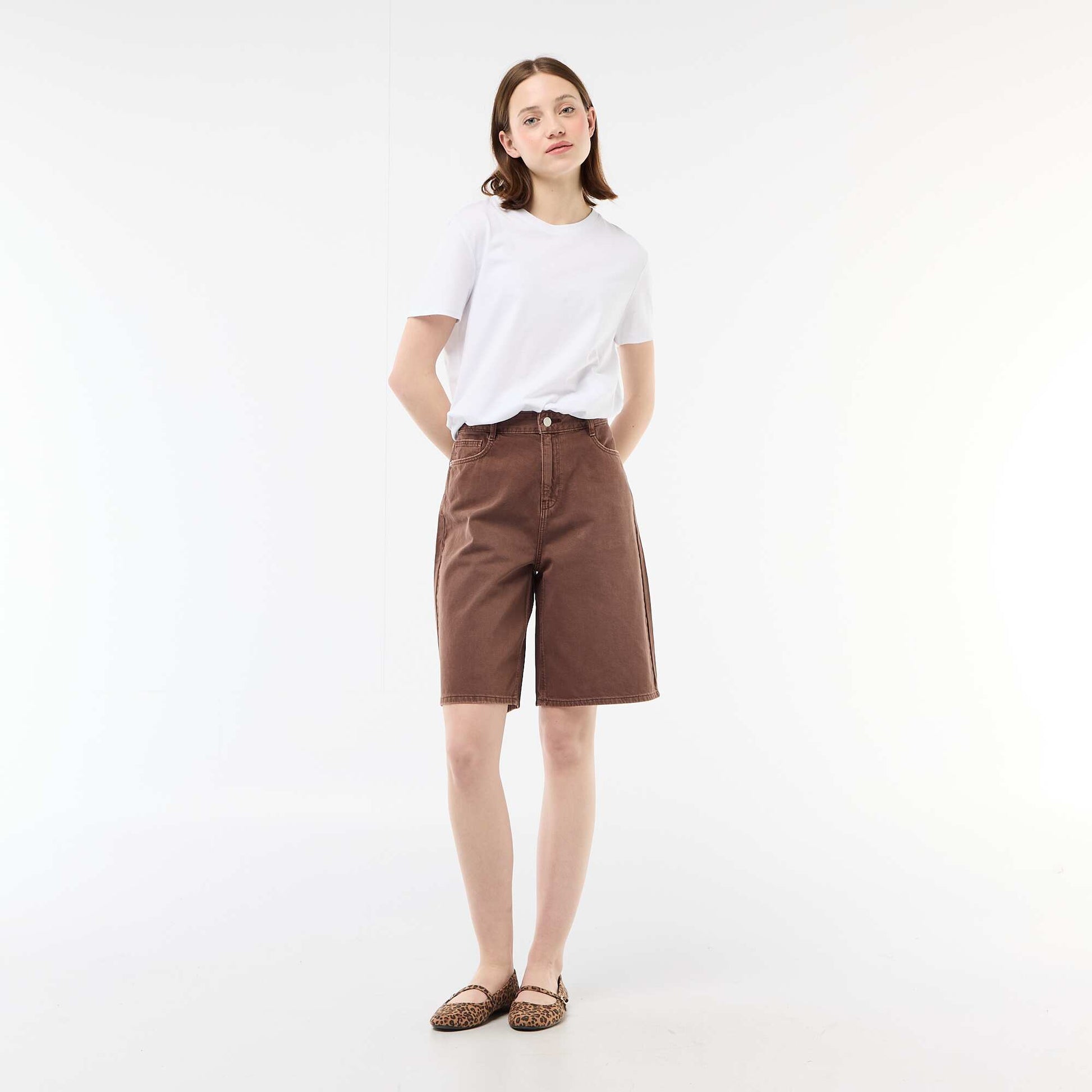 Wide-Leg Twill Bermuda Shorts BROWN