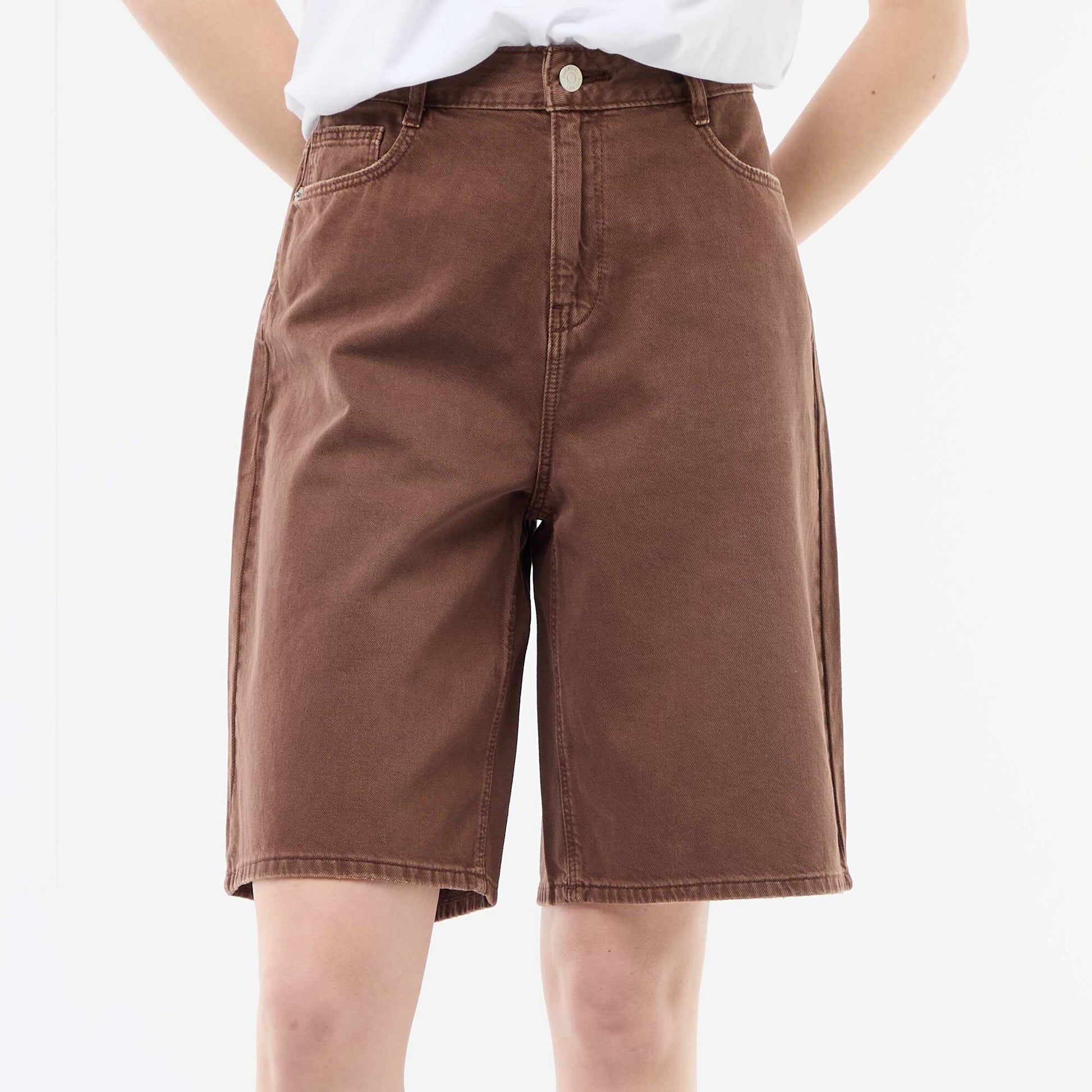 Wide-Leg Twill Bermuda Shorts BROWN