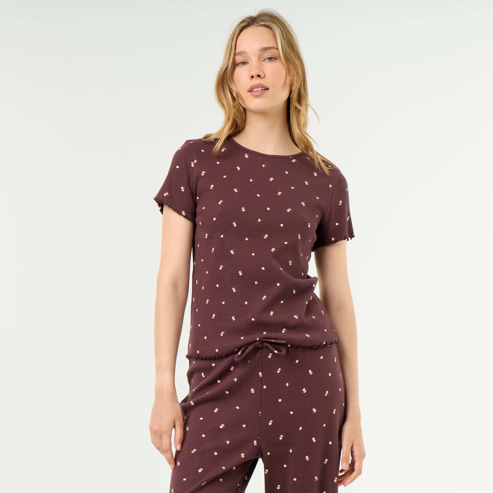 Ribbed Knit Pajama T-Shirt RED