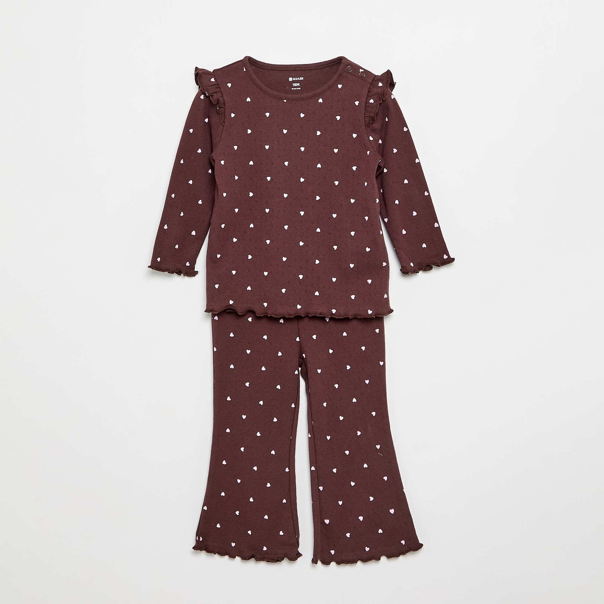 Pointelle knit T-shirt + trousers - 2-piece set BROWN