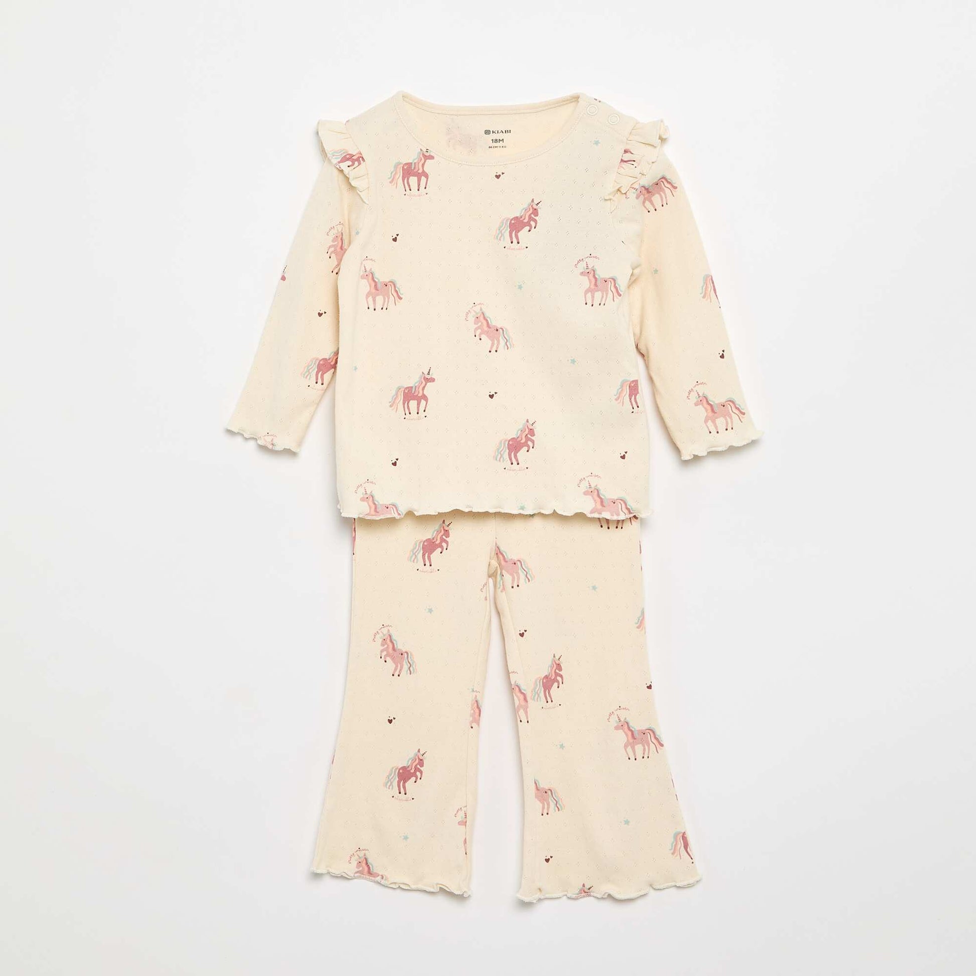 Pointelle knit T-shirt + trousers - 2-piece set BEIGE