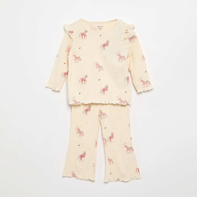 Pointelle knit T-shirt + trousers - 2-piece set BEIGE
