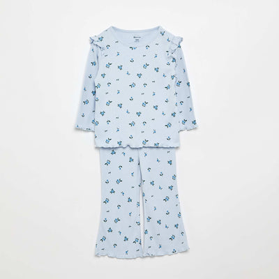 Pointelle knit T-shirt + trousers - 2-piece set BLUE