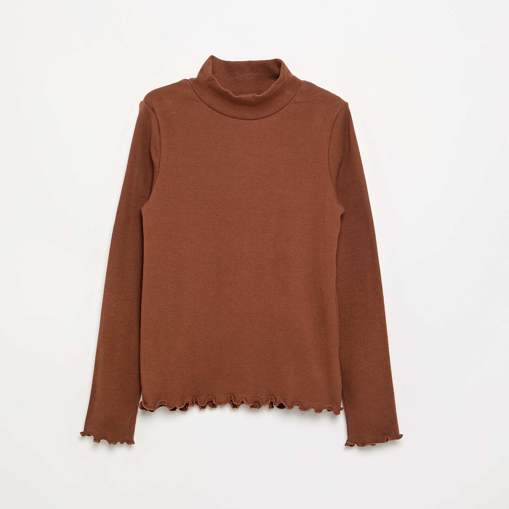 Solid Turtleneck with Lettuce Trim BROWN