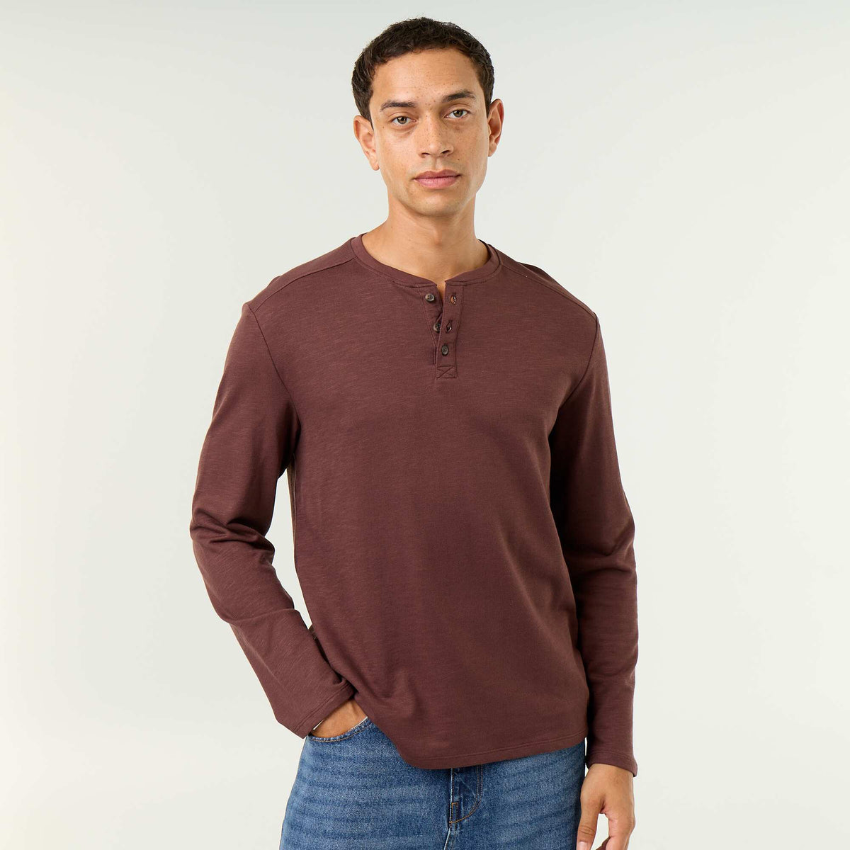 Men's Long-Sleeved Henley T-shirt BROWN