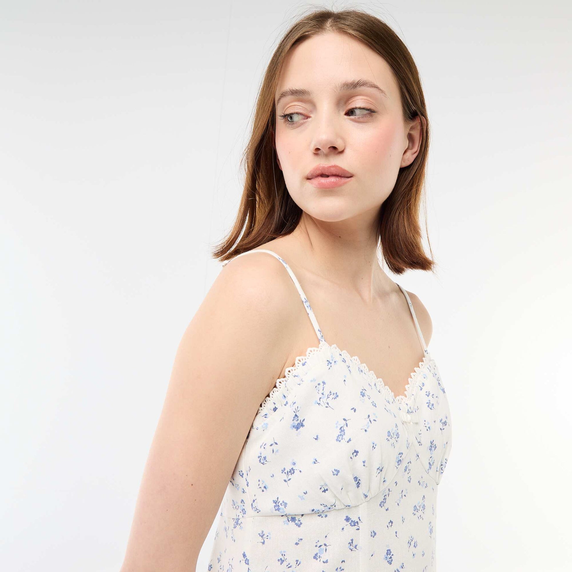 Floral Linen-Blend Dress WHITE