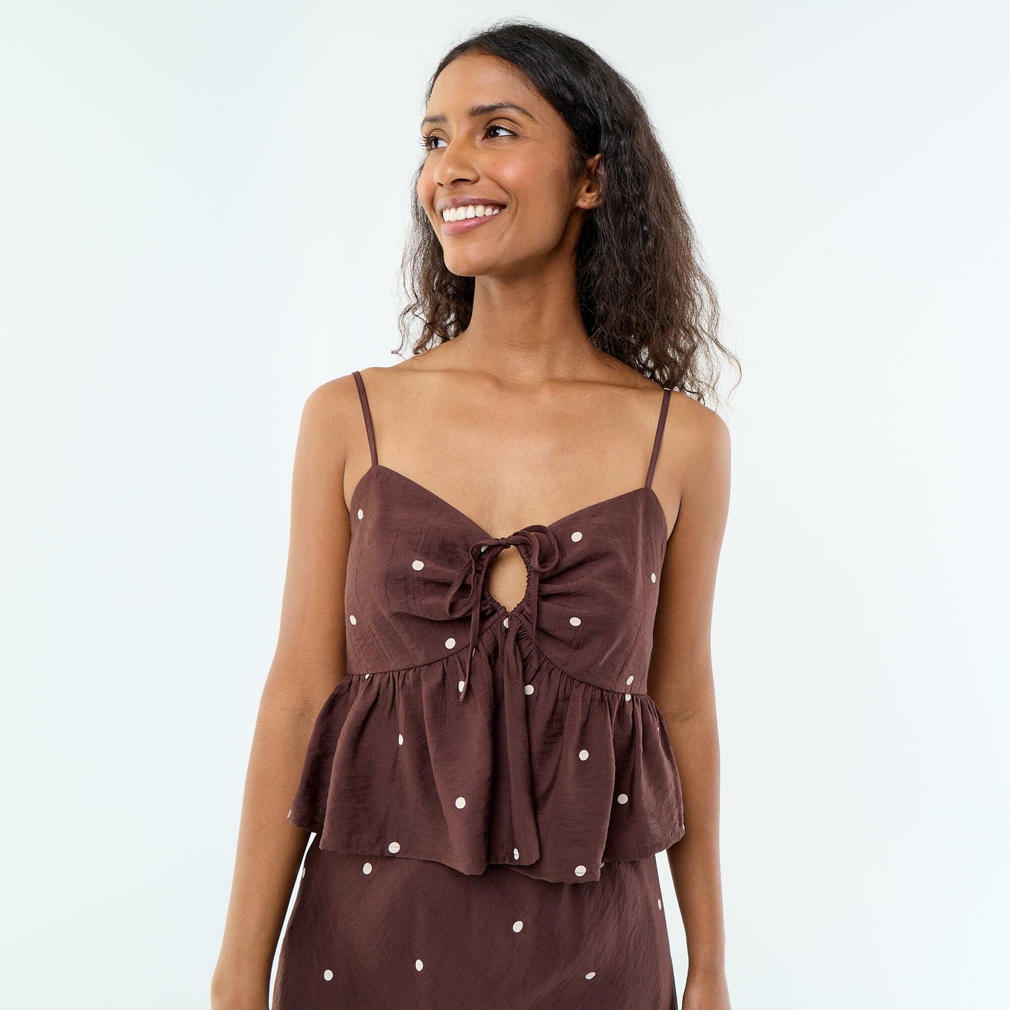 Polka Dot Thin Strap Top BROWN