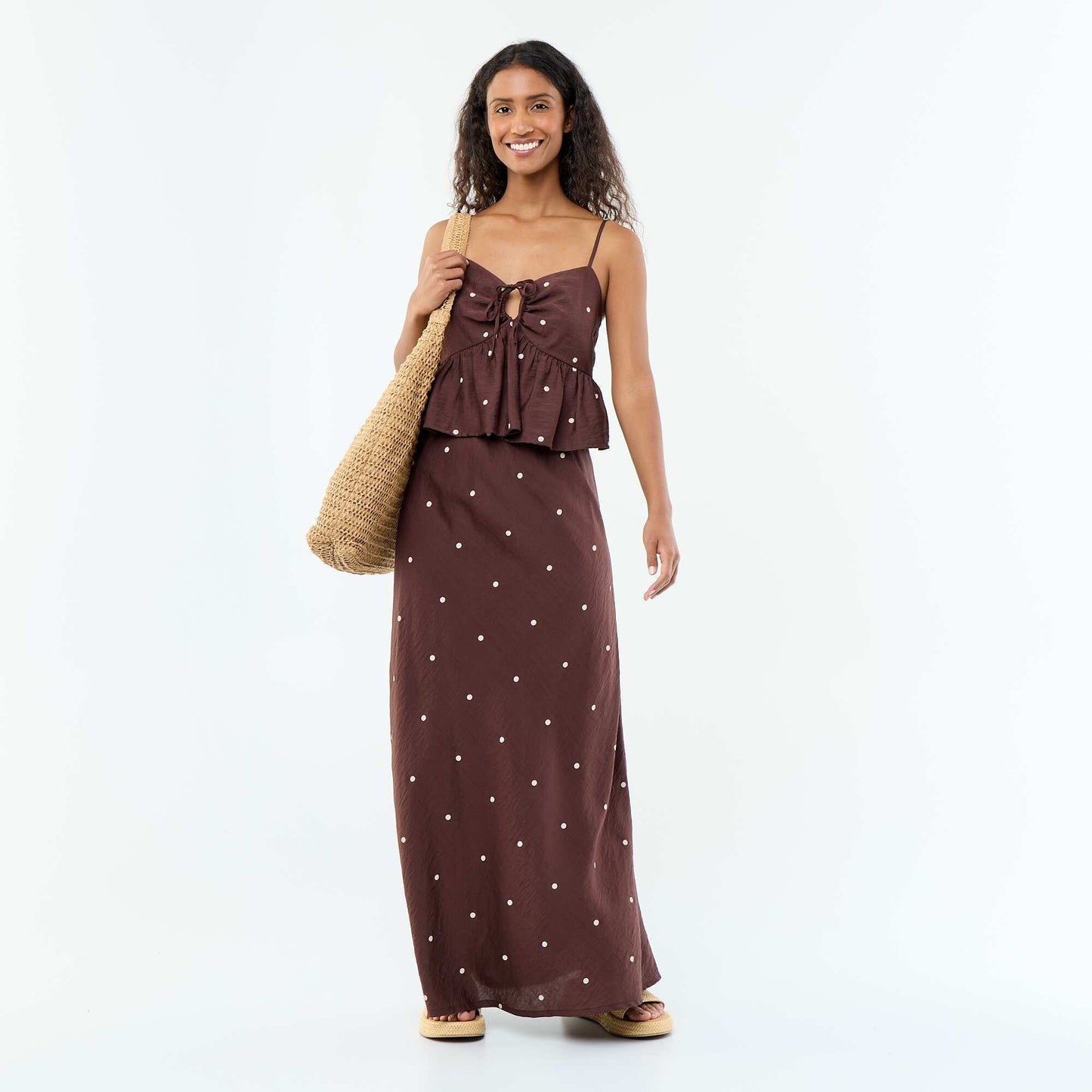 Polka Dot Thin Strap Top BROWN