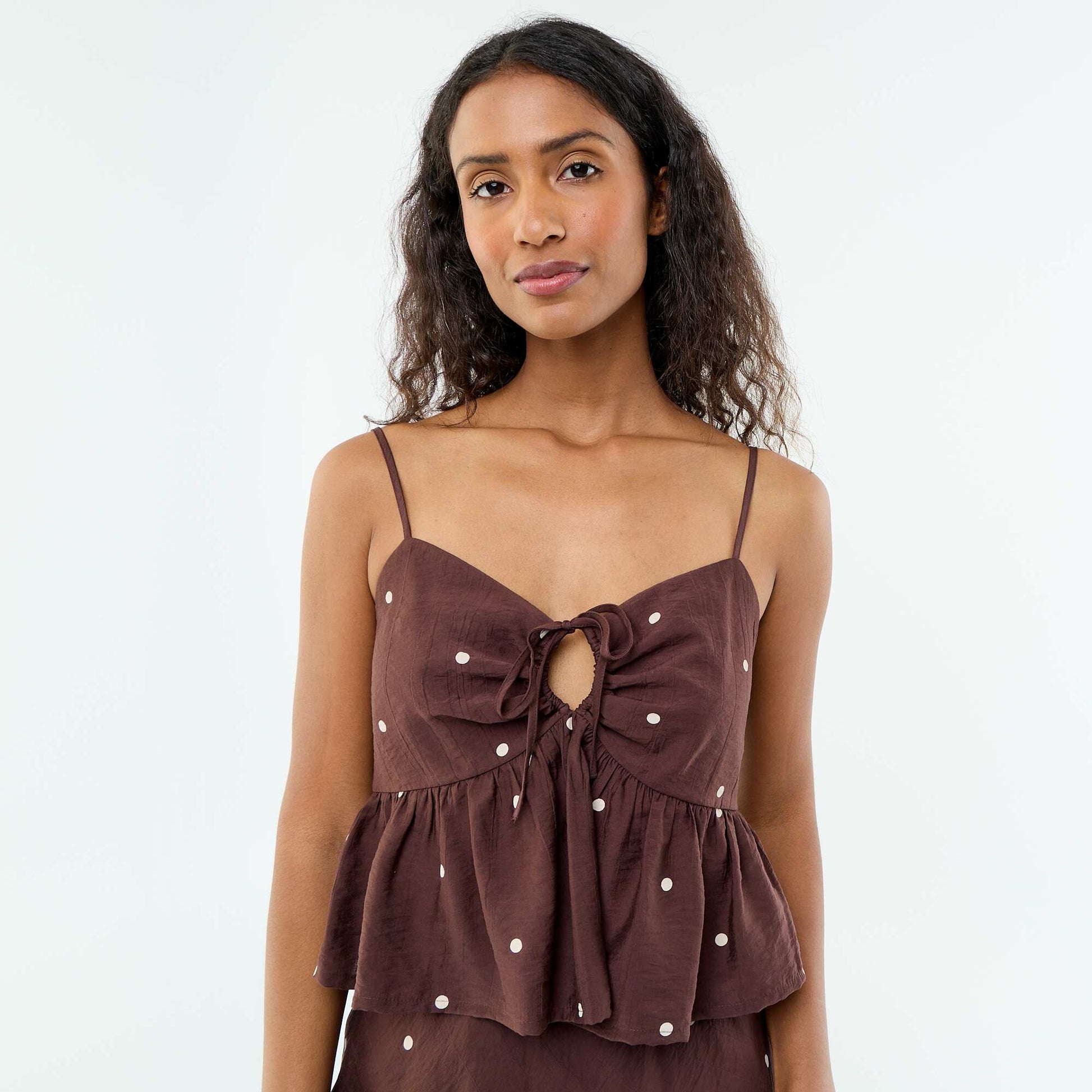 Polka Dot Thin Strap Top BROWN