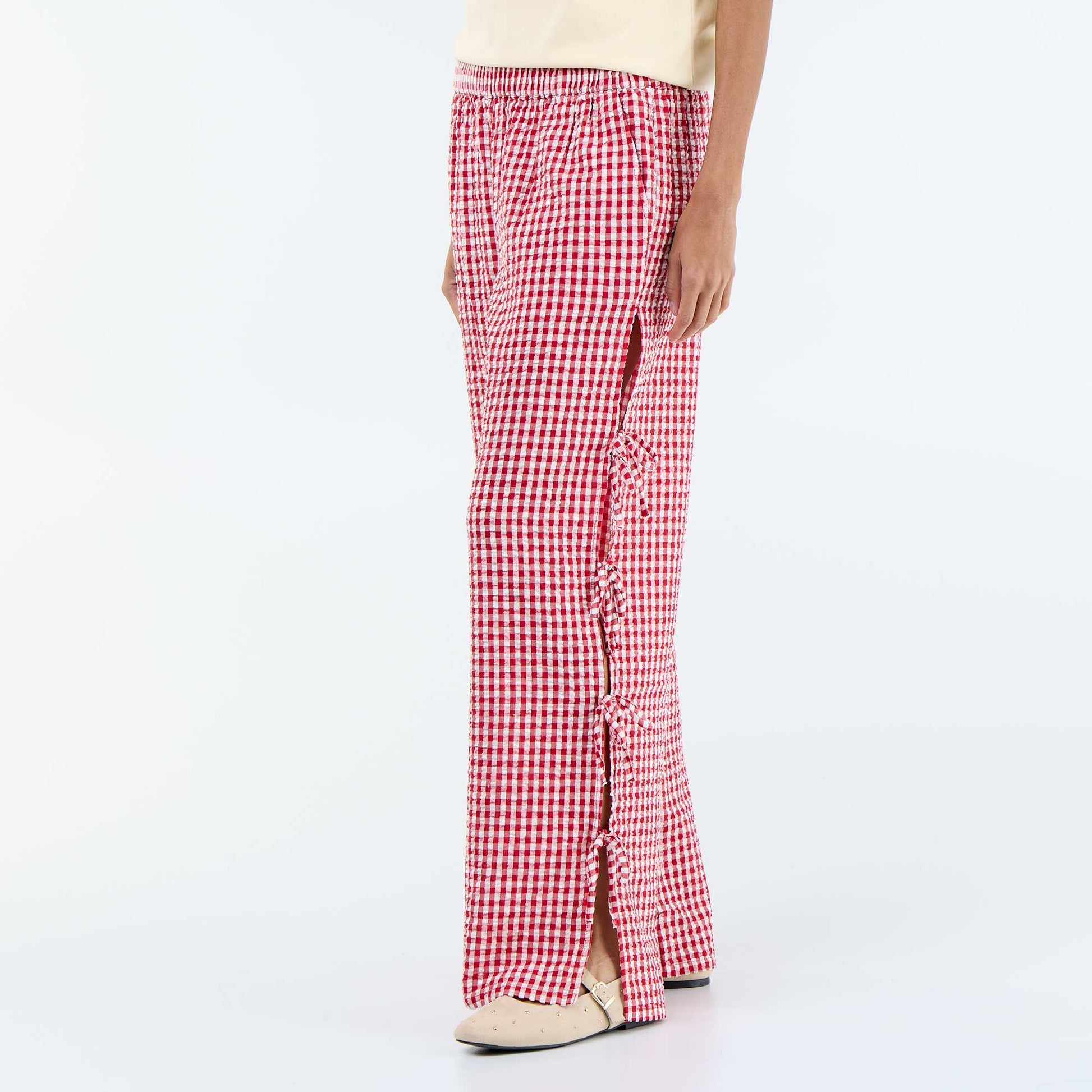 Gingham Check Wide-Leg Trousers RED