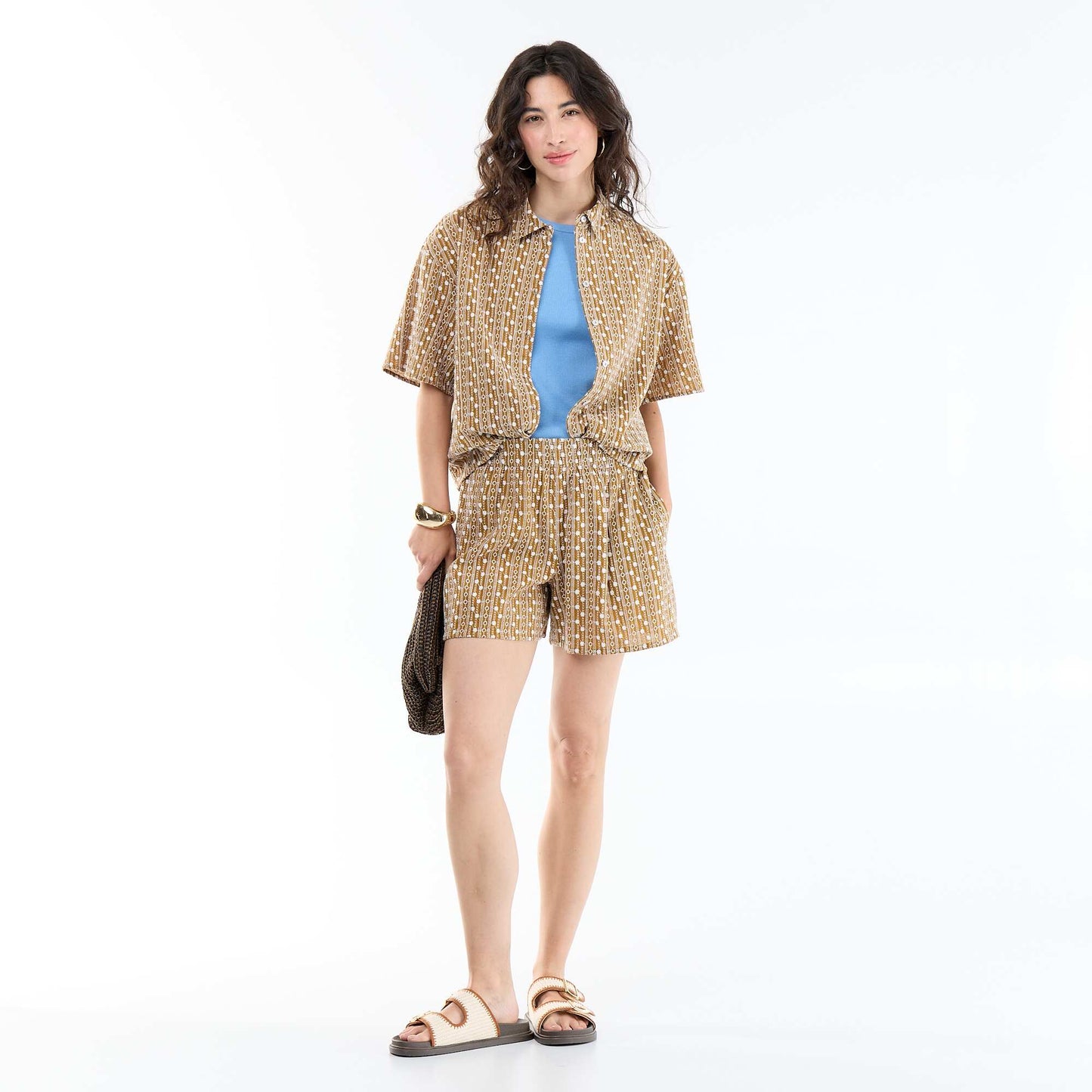 Embroidered short-sleeved shirt BROWN