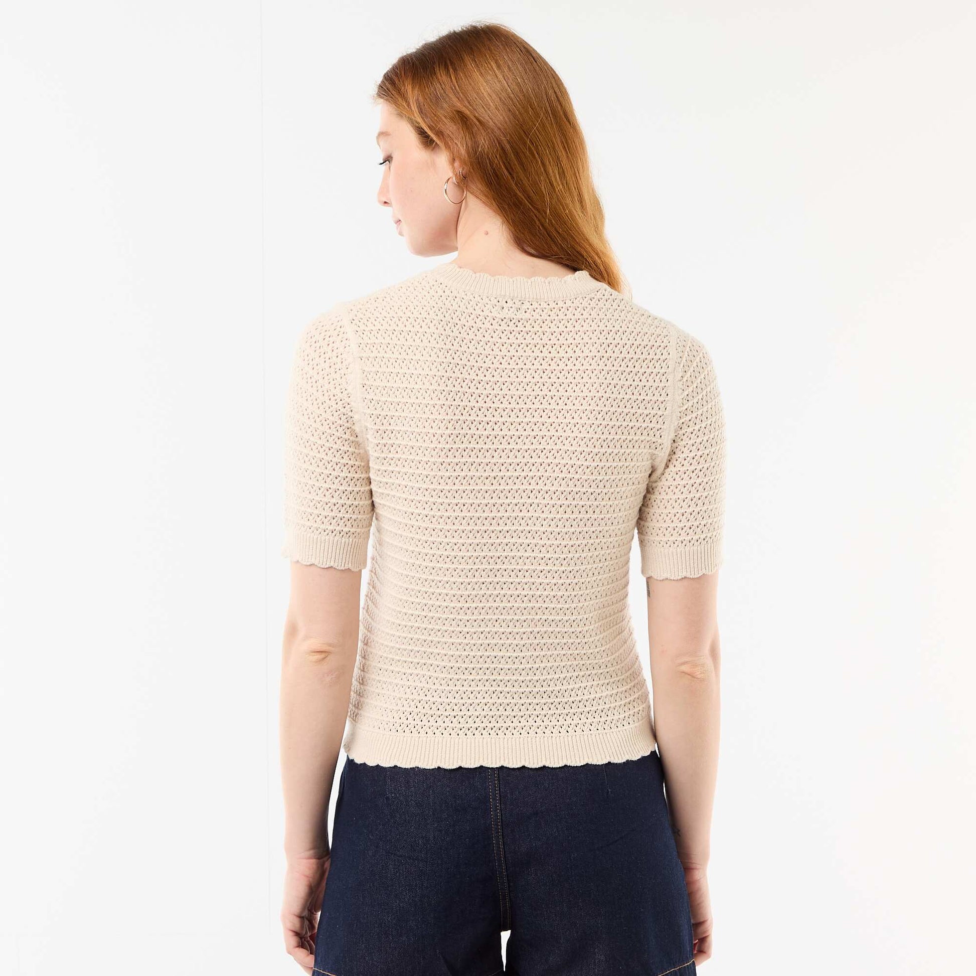 Embroidered Floral Short-Sleeved Knit Top BEIGE