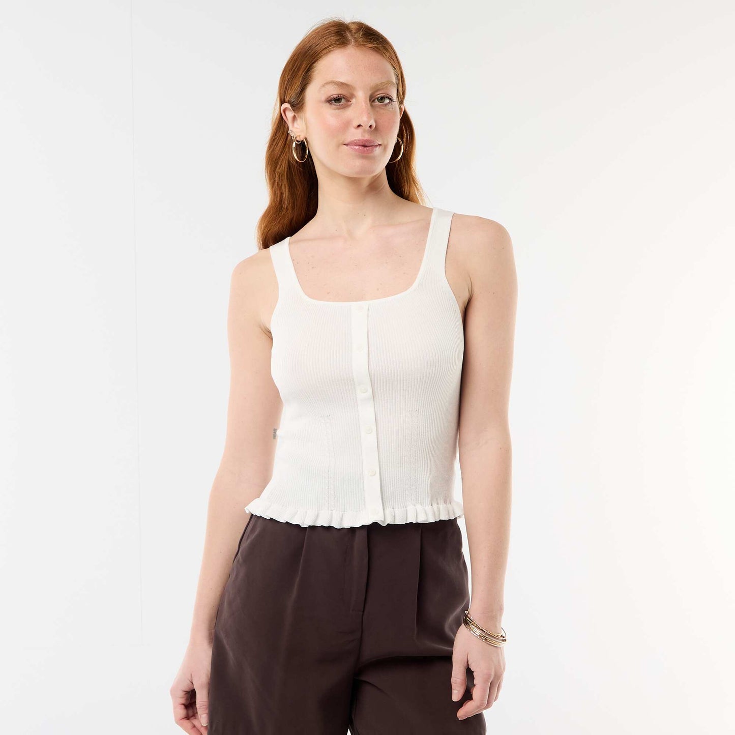 Ribbed Tank Top with Faux Button Front WHITE