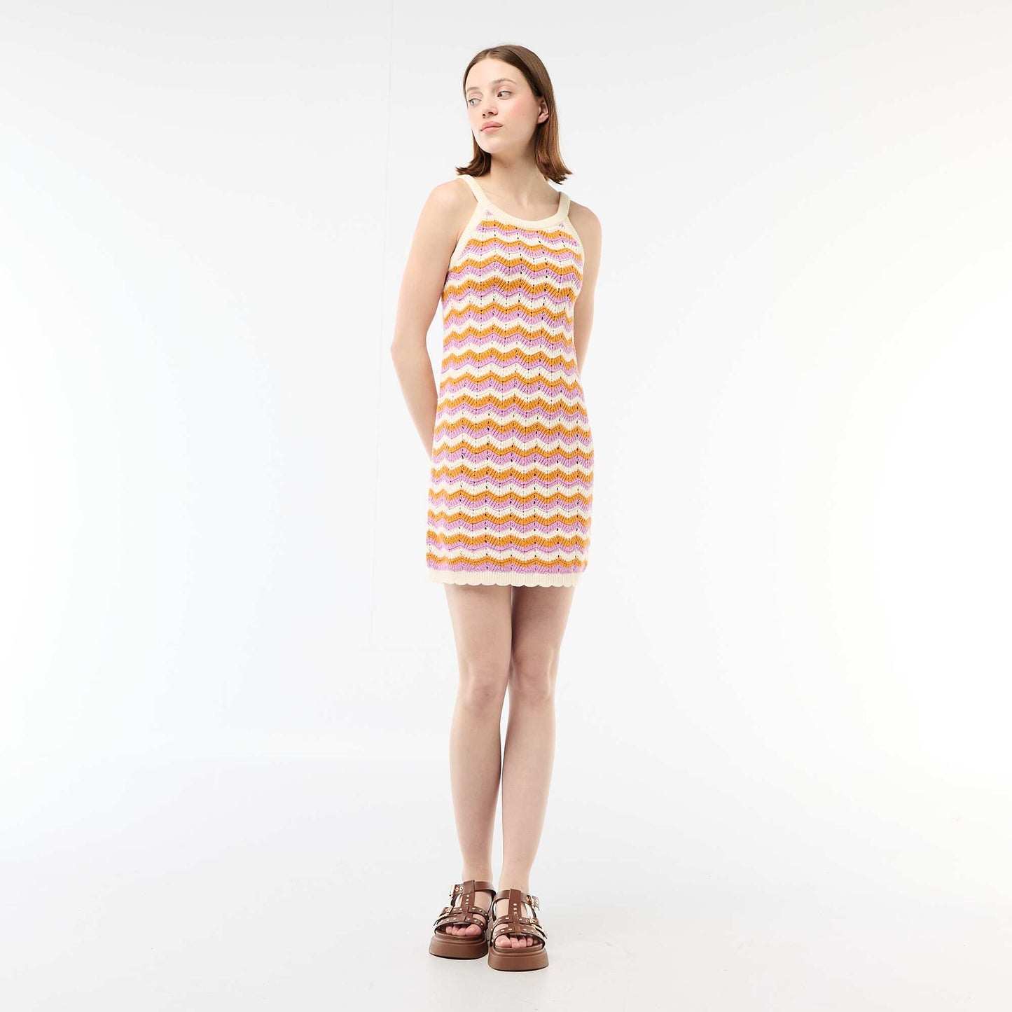 Tricolor Crochet Dress BEIGE