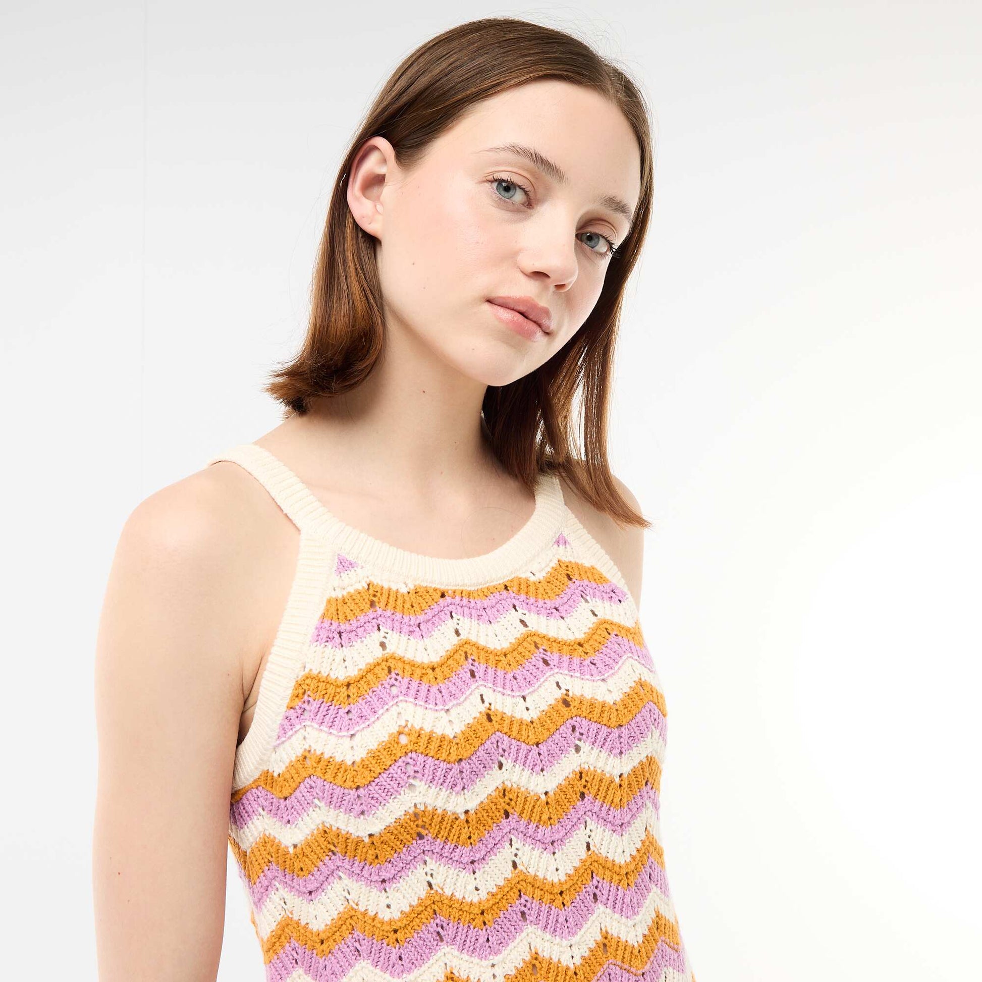 Tricolor Crochet Dress BEIGE
