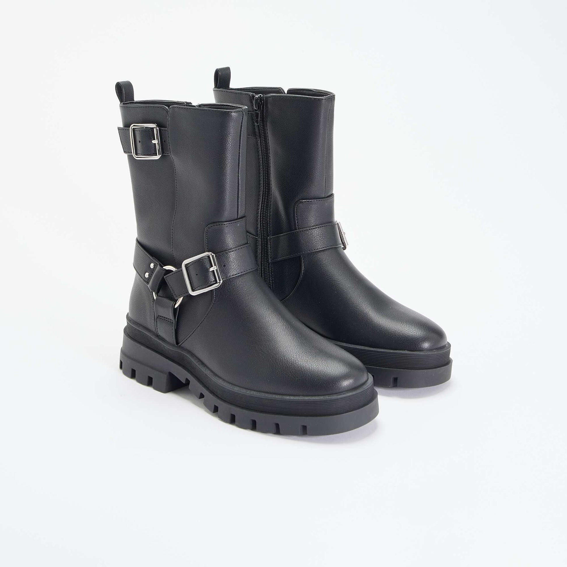 Biker boots with decorative straps BLACK