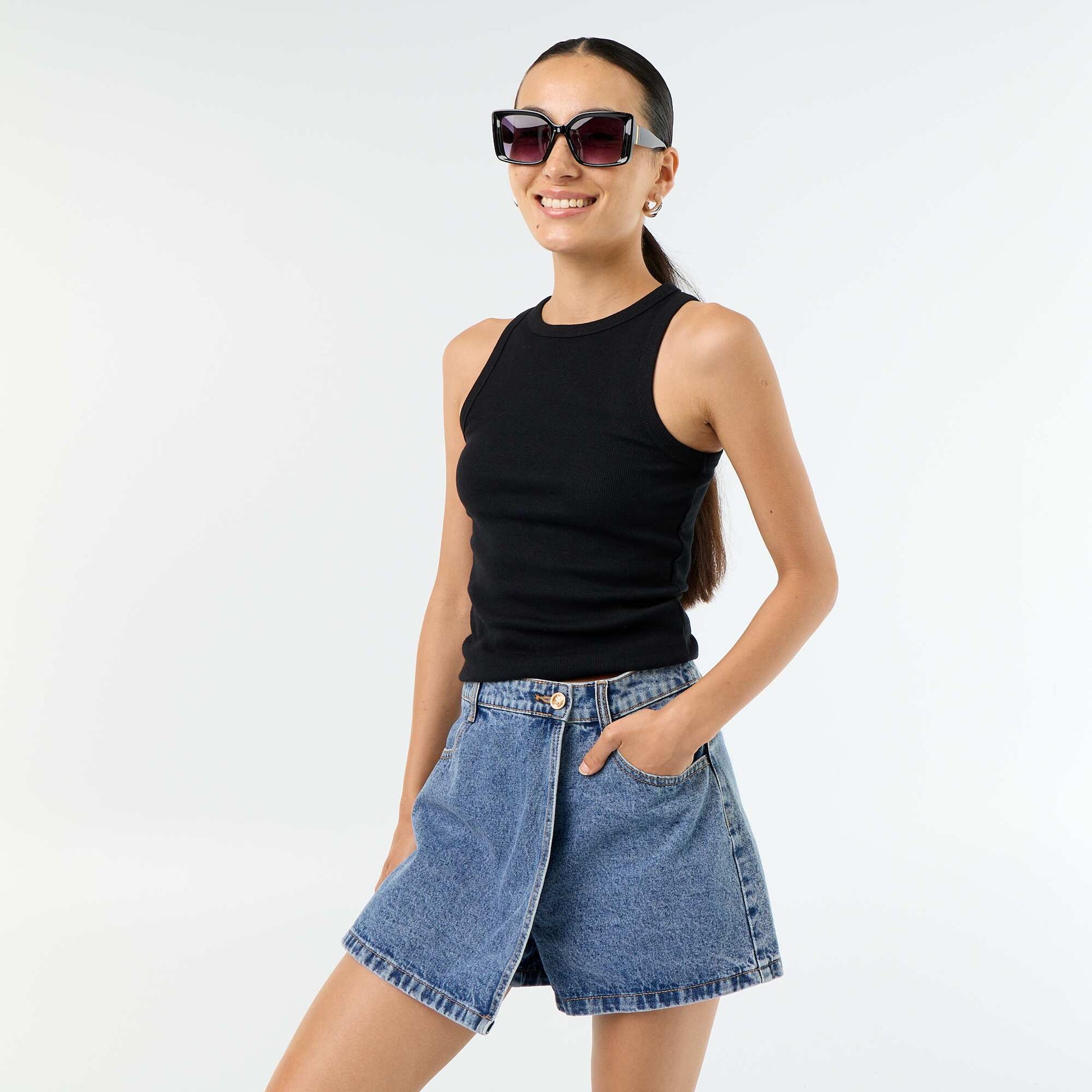 High-waisted denim skort BLUE