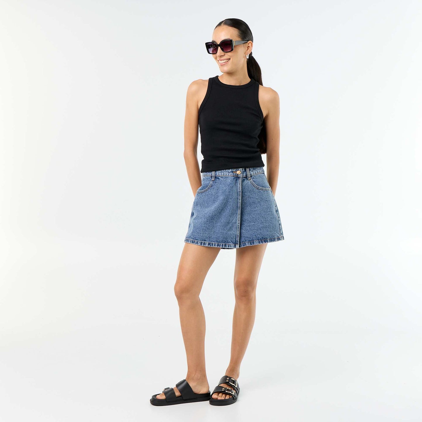 High-waisted denim skort BLUE