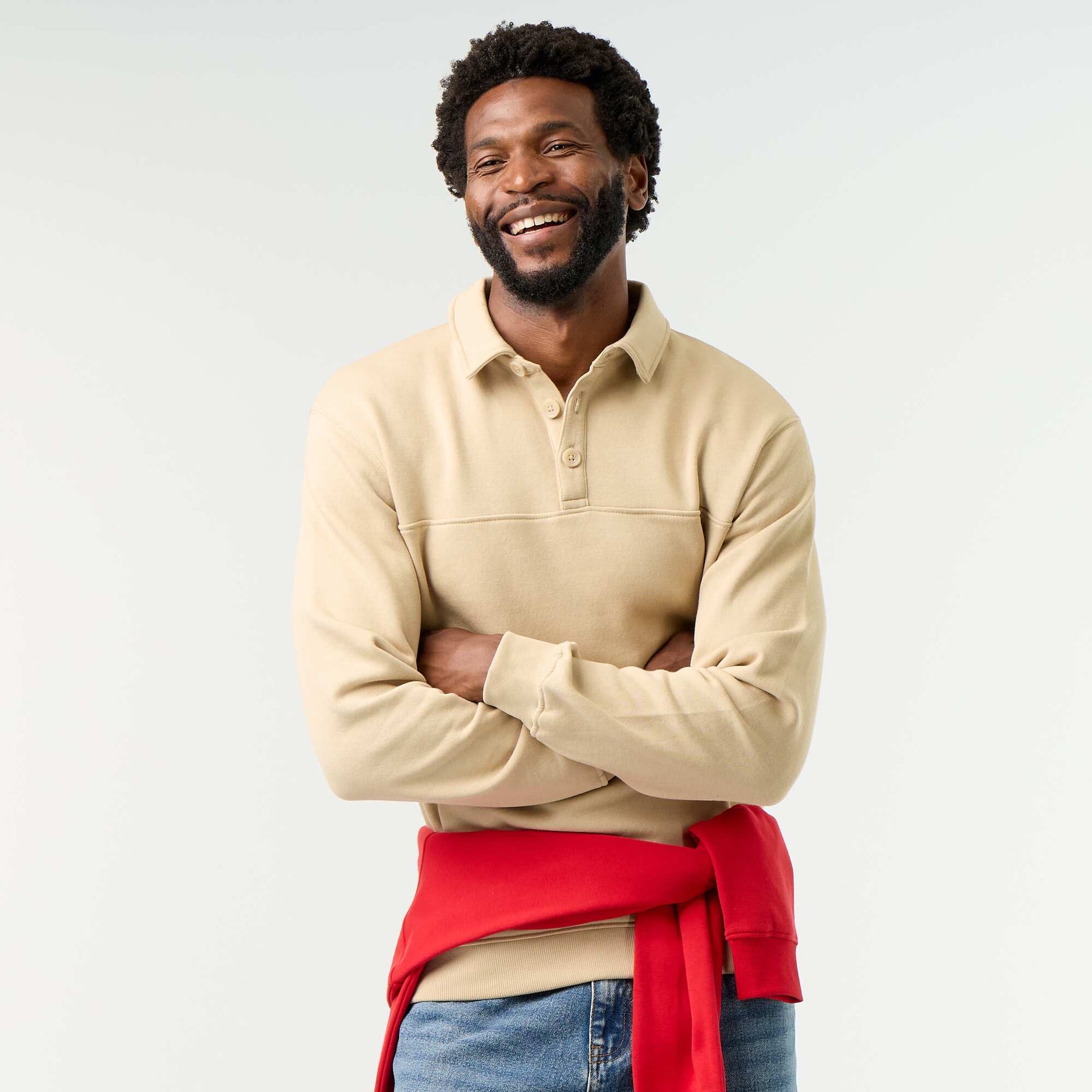 Polo Collar Fleece Sweatshirt BEIGE