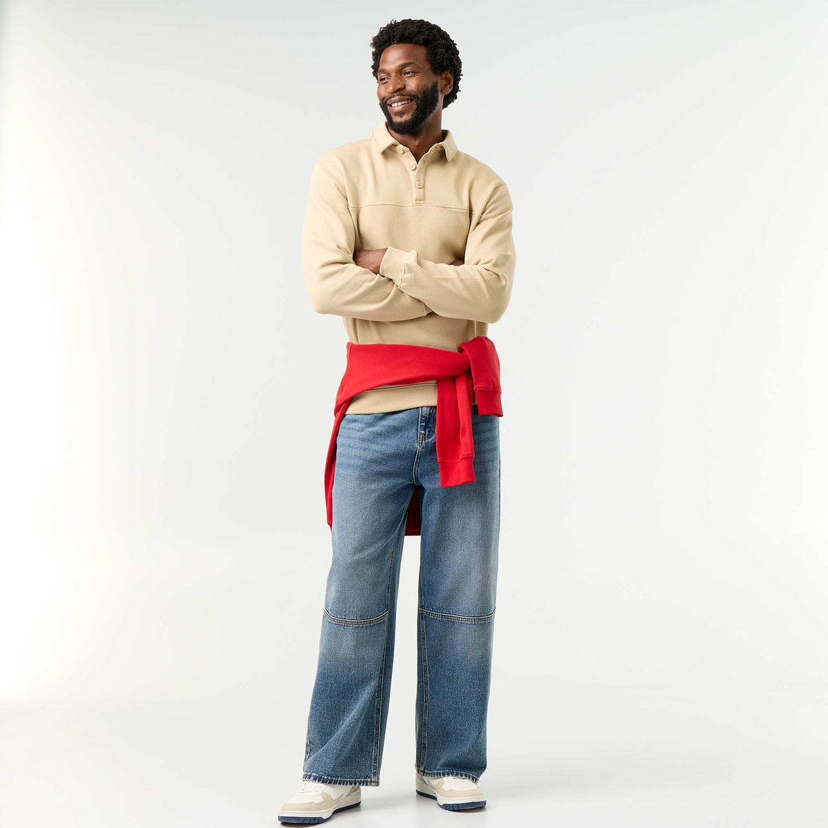 Polo Collar Fleece Sweatshirt BEIGE