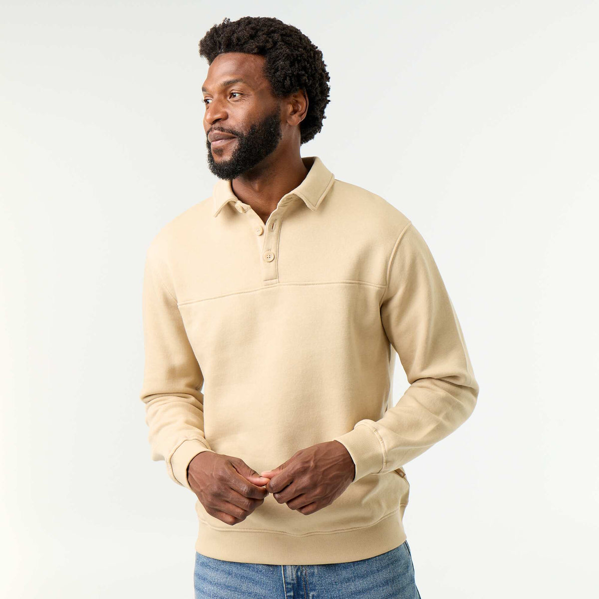 Polo Collar Fleece Sweatshirt BEIGE