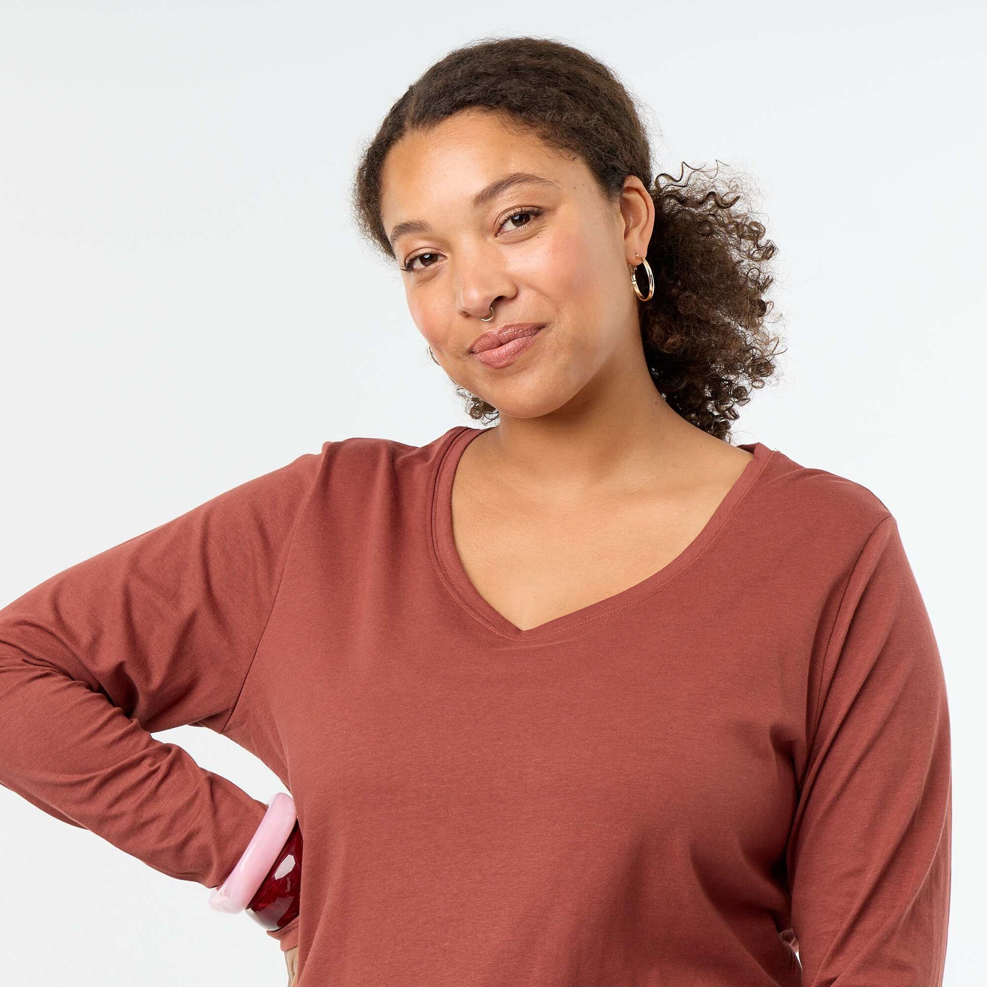 Long-sleeved round-neck T-shirt BROWN